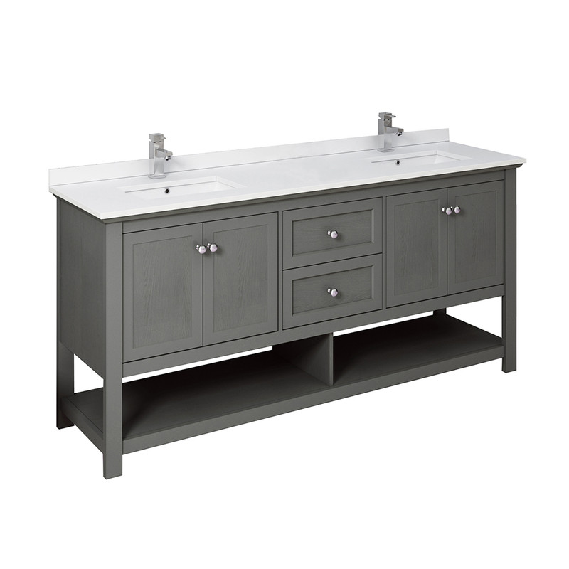 Manchester Regal 72" Gray Wood Veneer Traditional Double Sink Bathroom Cabinet w/ Top & Sinks