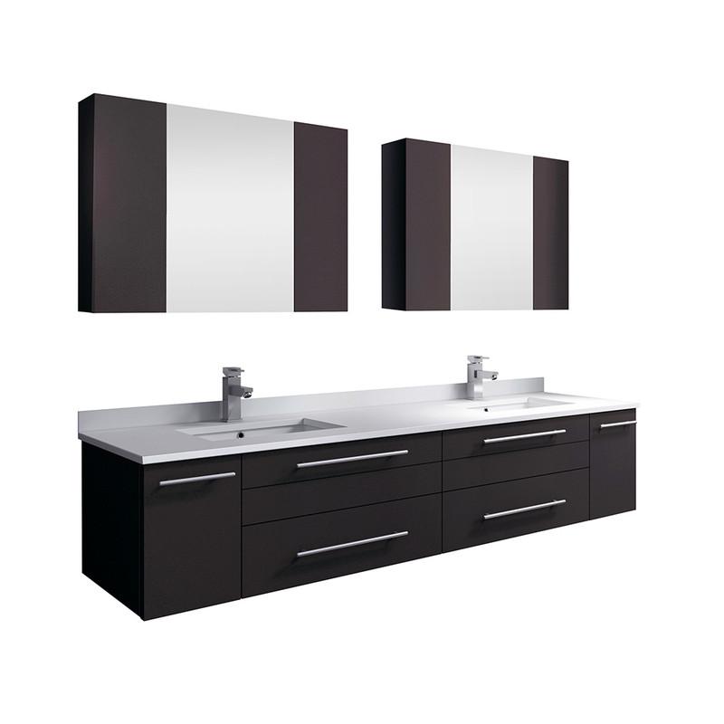 Lucera 72" Espresso Wall Hung Double Undermount Sink Modern Bathroom Vanity w/ Medicine Cabinets