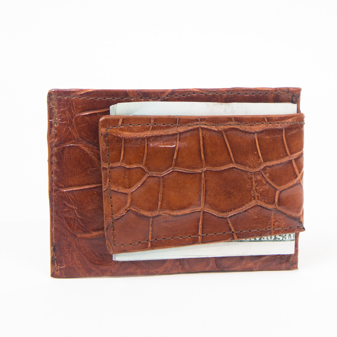 Genuine Alligator Cognac Clip Wallet Magnetic 3 Card Slots Leather Handmade in USA - Optional Personalized Monogram