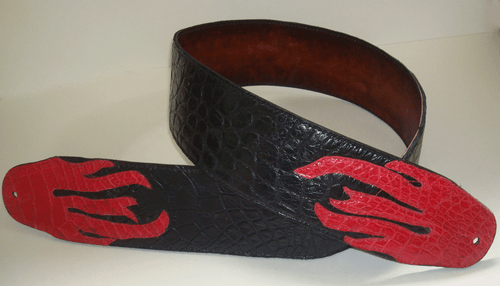 CUSTOM GUITAR STRAP - ALLIGATOR SKIN - BLACK, with RED FLAMES - NON-ADJUSTABLE - 48" CUSTOM GUITAR STRAP - ALLIGATOR SKIN - BLACK, with RED FLAMES - NON-ADJUSTABLE - 48"