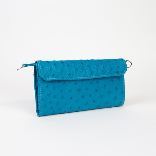 Aqua Blue Ostrich Skin Long Clutch Wallet