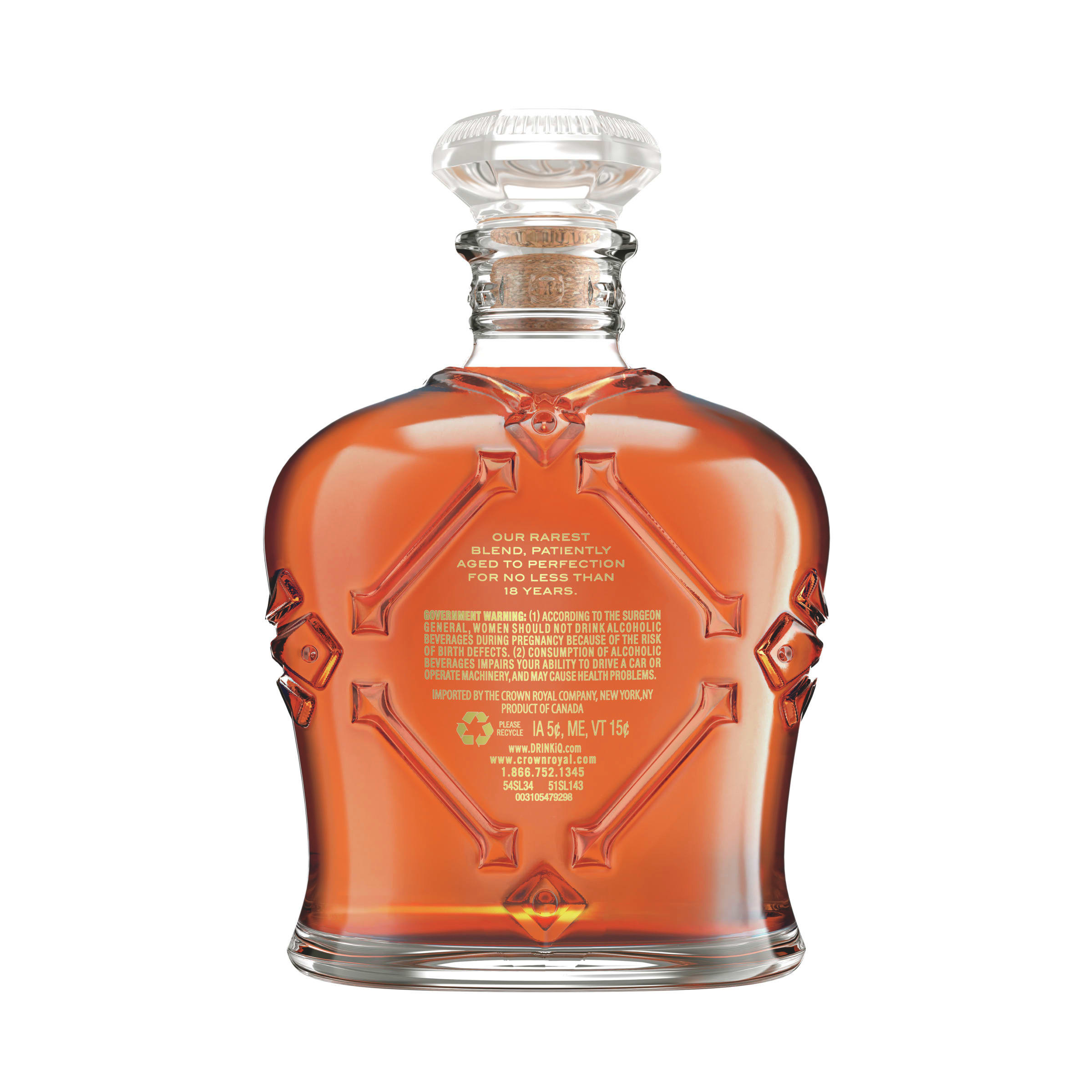 Taste a new pinnacle of luxury: Crown Royal Aged 18 Years Extra Rare Blended Canadian Whisky. Crown Royal Aged 18 Years is a rare blend of three of our most exceptional whiskies, handcrafted by our master blender, patiently aged to perfection for no less than 18 years. The result is layers of intensity that are both surprising and delightful. Enticing notes of vanilla and stone fruit greet you on the nose, followed by the velvety body of light oak tempered by caramel spice. Delicate notes of nougat linger in the full-bodied finish. This elegant, amber whisky is truly the jewel of our rare stock. Simply serve neat with iced water on the side for a perfect serve.  Includes one 80 proof 750 mL bottle of Crown Royal Aged 18 Years Extra Rare Blended Canadian Whisky. Please drink responsibly., One 750 mL bottle of Crown Royal Aged 18 Years Extra Rare Blended Canadian Whisky, Awarded a Gold Medal in 2023 and 2021 at the San Francisco World Spirits Competition, Perfect as a gift or for celebrating anniversaries, birthdays, graduations or any special occasion, A new pinnacle of Crown Royal luxury, Rare blend of three of our most exceptional whiskies, handcrafted by our master blender, Layers of intensity with notes of vanilla, stone fruit and nougat, Patiently aged to perfection for no less than 18 years