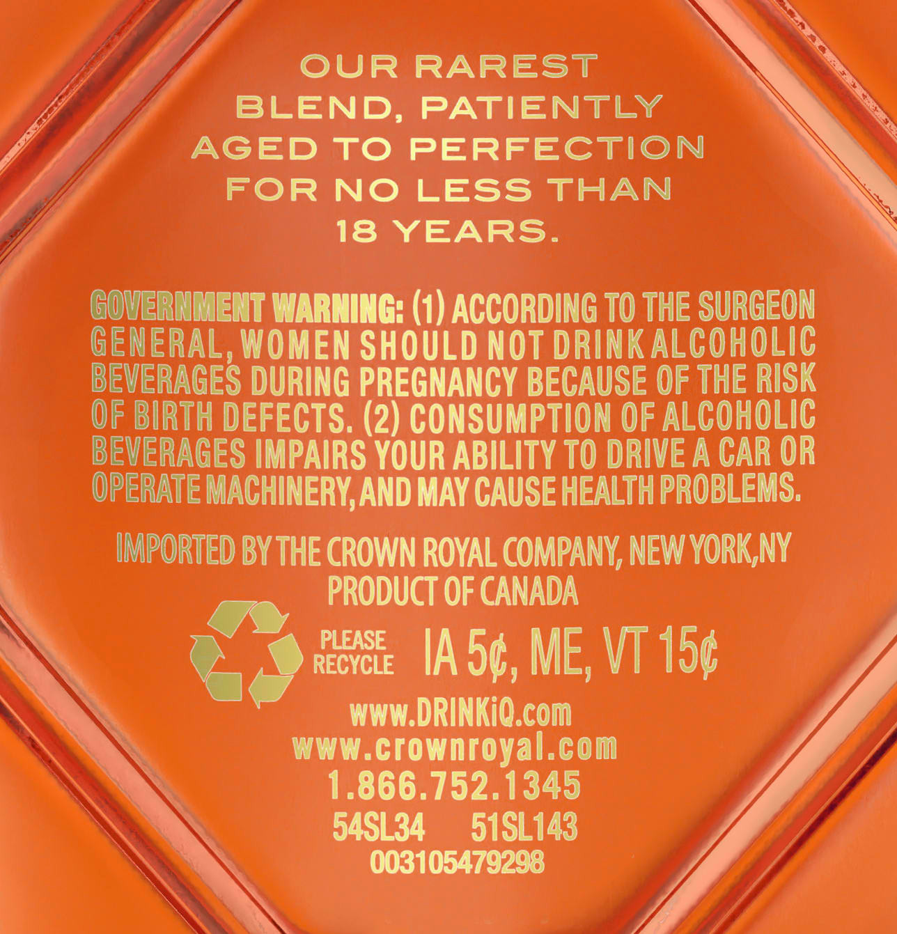 Taste a new pinnacle of luxury: Crown Royal Aged 18 Years Extra Rare Blended Canadian Whisky. Crown Royal Aged 18 Years is a rare blend of three of our most exceptional whiskies, handcrafted by our master blender, patiently aged to perfection for no less than 18 years. The result is layers of intensity that are both surprising and delightful. Enticing notes of vanilla and stone fruit greet you on the nose, followed by the velvety body of light oak tempered by caramel spice. Delicate notes of nougat linger in the full-bodied finish. This elegant, amber whisky is truly the jewel of our rare stock. Simply serve neat with iced water on the side for a perfect serve.  Includes one 80 proof 750 mL bottle of Crown Royal Aged 18 Years Extra Rare Blended Canadian Whisky. Please drink responsibly., One 750 mL bottle of Crown Royal Aged 18 Years Extra Rare Blended Canadian Whisky, Awarded a Gold Medal in 2023 and 2021 at the San Francisco World Spirits Competition, Perfect as a gift or for celebrating anniversaries, birthdays, graduations or any special occasion, A new pinnacle of Crown Royal luxury, Rare blend of three of our most exceptional whiskies, handcrafted by our master blender, Layers of intensity with notes of vanilla, stone fruit and nougat, Patiently aged to perfection for no less than 18 years