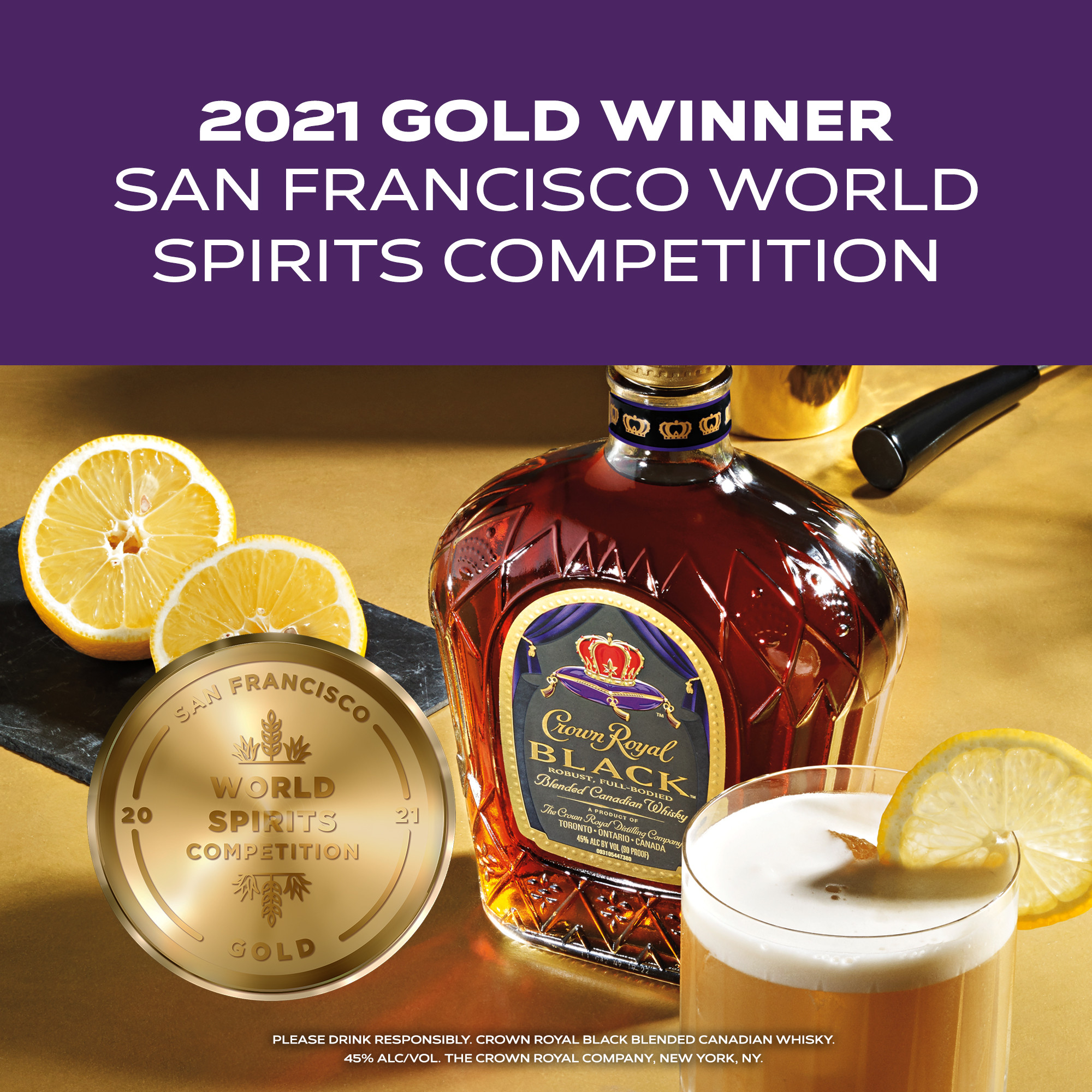 Unwind in luxury with a glass of Crown Royal Black Blended Canadian Whisky. With a creamy texture and notes of dried fruit, our Canadian whisky provides a refined flavor that enhances any cocktail party or celebration. With the signature smoothness of traditional Crown Royal, our black whisky is matured in charred oak barrels and blended at a higher proof for a richer body and bold finish. Perfect for a Black Whisky Manhattan. Crown Royal Black Blended Canadian Whisky won a Gold medal at the 2021 San Francisco World Spirits Competition. Includes one 90 proof 1.75 L bottle of Black Blended Canadian Whisky. Please drink responsibly., One 1.75 L bottle of Crown Royal Black Blended Canadian Whisky, 2021 San Francisco World Spirits Competition Gold Medal Winner, Perfect as a gift or for any celebration, Meticulously blended with 50 distinct and rich whiskies, Robust, full-bodied blended Canadian whisky, Creamy texture and notes of dried fruit for a refined, bourbon-like flavor