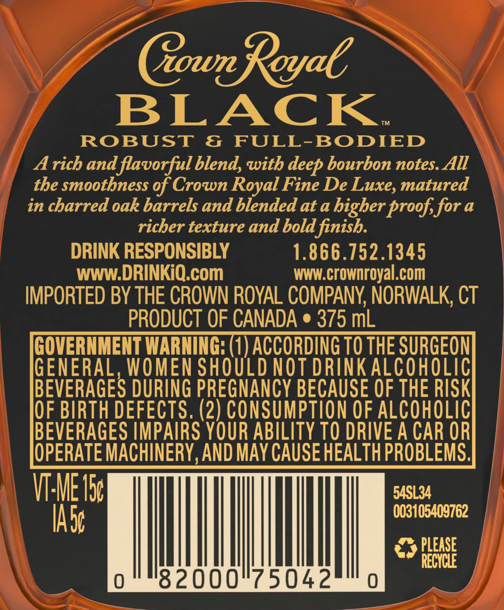 Unwind in luxury with a glass of Crown Royal Black Blended Canadian Whisky. With a creamy texture and notes of dried fruit, our Canadian whisky provides a refined flavor that enhances any cocktail party or celebration. With the signature smoothness of traditional Crown Royal, our black whisky is matured in charred oak barrels and blended at a higher proof for a richer body and bold finish. Perfect for a Black Whisky Manhattan. Crown Royal Black Blended Canadian Whisky won a Gold medal at the 2021 San Francisco World Spirits Competition. Includes one 90 proof 375 mL bottle of Black Blended Canadian Whisky. Please drink responsibly., One 375 mL bottle of Crown Royal Black Blended Canadian Whisky, 2021 San Francisco World Spirits Competition Gold Medal Winner, Perfect as a gift or for any celebration, Meticulously blended with 50 distinct and rich whiskies, Robust, full-bodied blended Canadian whisky, Creamy texture and notes of dried fruit for a refined, bourbon-like flavor