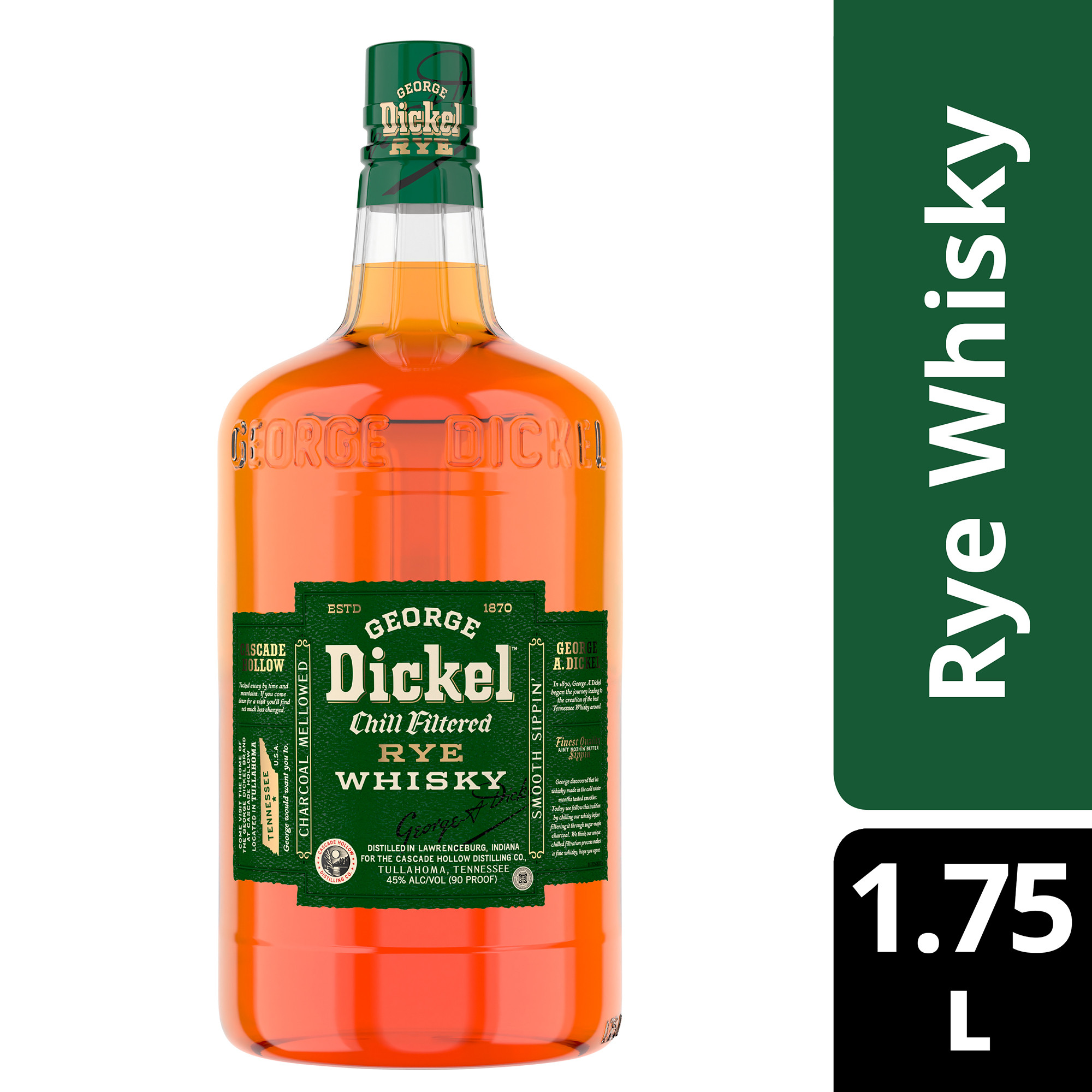 George Dickel Rye Whisky brings depth, range and personality with spicy flavor and subtle fruit notes ending in a remarkably smooth finish. Our 90 proof Rye whisky is made from 95% rye and 5% malted barley. It's chilled before undergoing charcoal-mellow filtration creating a truly unique blend. With its complex flavor and finish, our rye whisky is perfect for sipping on its own or adding a delicious kick to your favorite cocktail. Best enjoyed in a Dickel Highball. Includes one 90 proof 1.75 L bottle of George Dickel Rye Whisky. Please drink responsibly., Includes one 1.75 L bottle of George Dickel Rye Whisky, 90 proof, Perfect as a whisky gift or for any one-of-a-kind celebration, Simply pour in a highball glass over ice, mix with soda and garnish with a lemon slice for a refreshing tasting Dickel Highball., Chilled before undergoing charcoal-mellow filtration, Notes of fruit, clove, and cinnamon with a long finish