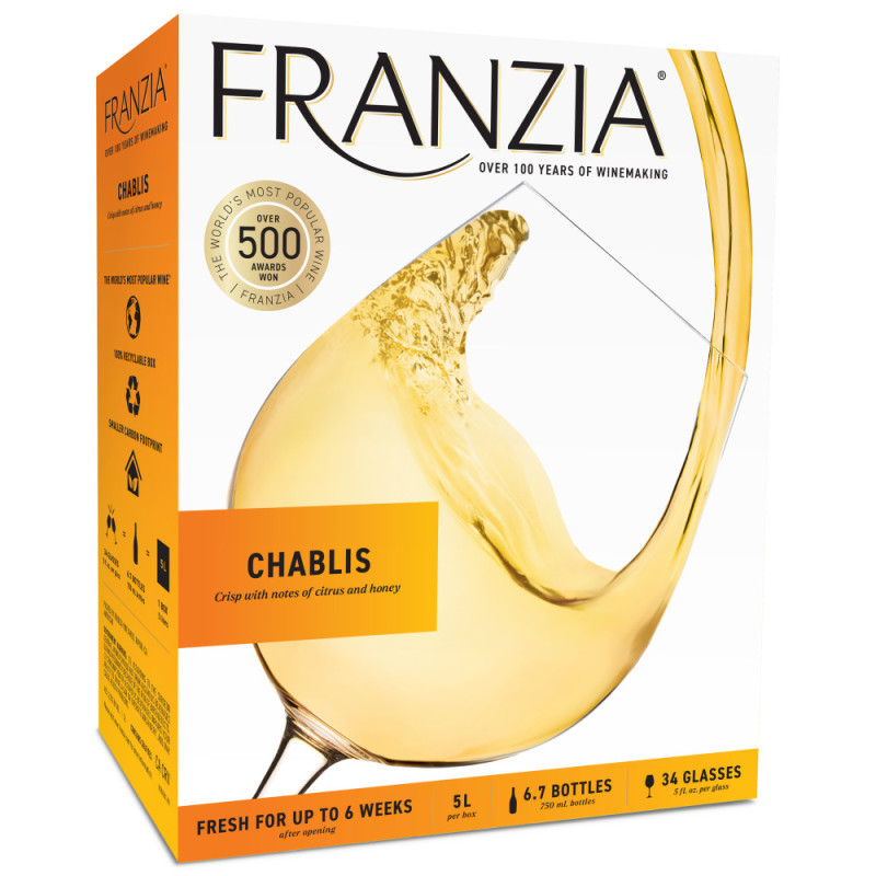 Franzia Chablis White Wine is a light-medium bodied American wine featuring delightful citrus and pear flavors. With an ABV of 12.5%, it pairs excellently with pork and chicken dishes. Serve it chilled to fully appreciate its flavor. A 5L box equals seven 750ml bottles, serving thirty-four 5oz glasses, and stays fresh for up to six weeks after opening. Franzia guarantees quality and value, boasting over 150 awards for excellence.