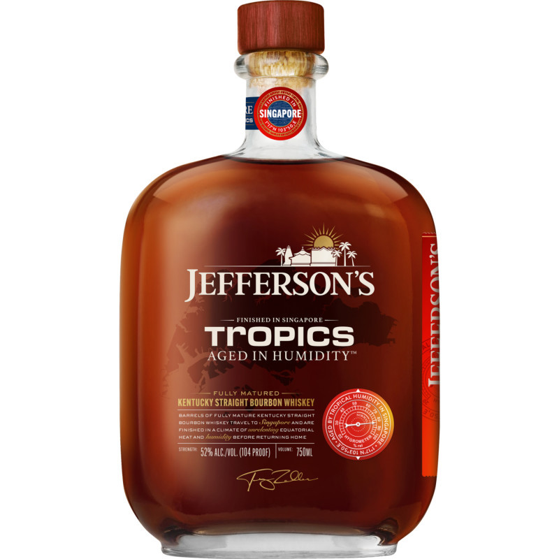 Jefferson's Tropics Singapore Straight Kentucky Bourbon Whiskey captures the imagination of whiskey explorers, looking to new aging environments for its ground-breaking innovation. Exposed to extreme weather conditions to accelerate maturation and accentuate flavor, this liquor delivers aromas of cinnamon and clove. Flavor notes of Bing cherry, toffee and a hint of sea salt lead to a rich finish. After being stored in oak barrels and fully matured, the bourbon whiskey is transported to Singapore to be finished in equatorial heat and humidity that allow the bourbon to deeply interact with the wood. The result is a rich texture with deep vanilla and caramel flavors. Enjoy it neat in a whiskey glass, or mix it into your favorite cocktails and alcohol drinks, including an Old Fashioned. Enjoy Responsibly.