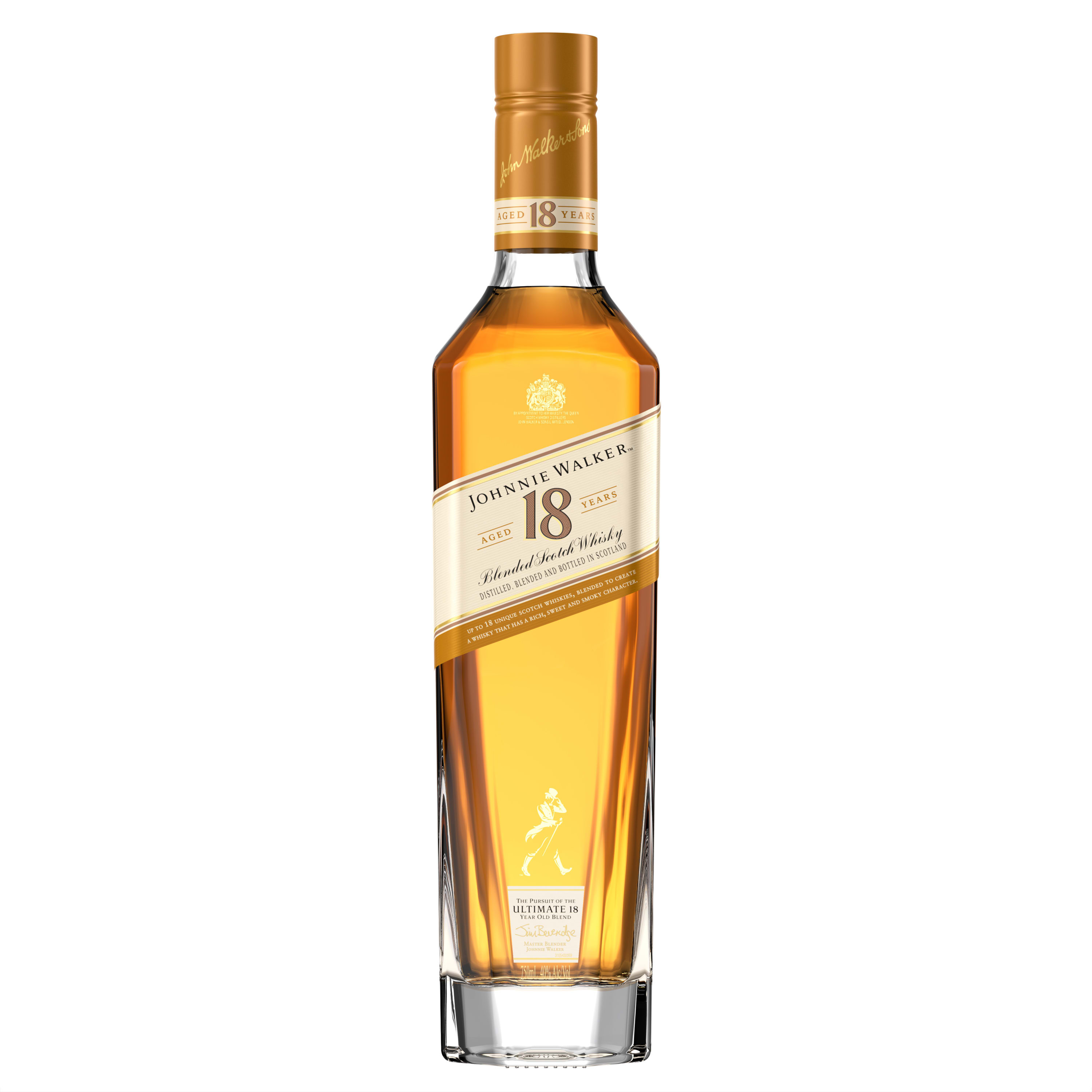 Indulge all of your senses with a smooth glass of Johnnie Walker Aged 18 Years Blended Scotch Whisky, a blend of up to 18 different Scotch whiskies each chosen for their remarkable depth of flavor and character. Our award-winning whisky blends big, classic Johnnie Walker flavors with intriguing contemporary notes of citrus and fragrant almonds. Smooth, creamy vanilla and warming malt pairs beautifully with tropical tangerine on the palate. The long finish brings elegant suggestions of dark chocolate, citrus zest and a light, aromatic smoke. Hand-crafted by our Master Blender, this ultimate combination of 18-year-old whiskies draws from the elegantly sweet character of Speyside malts, the complex fruitiness of Highland malts and smokiness of Island malts. Simply sip it neat, over ice or with a dash of water for an elegantly simple drink. Johnnie Walker Aged 18 Years earned a gold medal at the 2021 San Francisco World Spirits Competition. Includes one 80 proof 750 mL bottle of Johnnie Walker Aged 18 Years Blended Scotch Whisky. Please drink responsibly., One 750 mL bottle of Johnnie Walker Aged 18 Years Blended Scotch Whisky, Double Gold Award Winner at the 2024 San Francisco World Spirits Competition, Initially sweet with a warm vanilla undercurrent and a suggestion of tangerines, Perfect as a gift or for any celebration, Blend of up to 18 different whiskies all aged at least 18 years