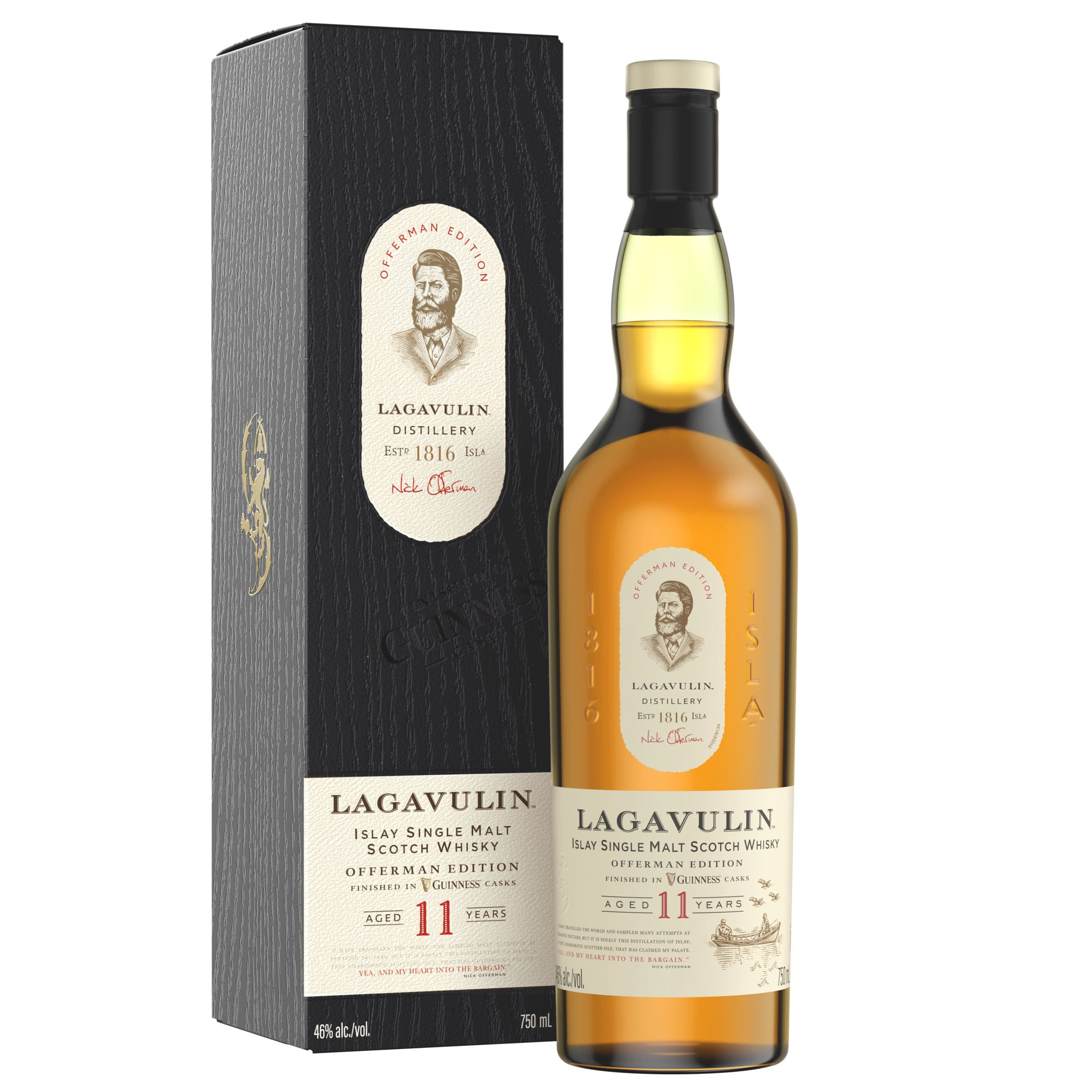 Combining Nick Offerman's love of Guinness, woodworking and his dad, Lagavulin 11 Year Old Islay Single Malt Scotch Whisky Offerman Edition Finished in Guinness Casks offers distinct layers that are as complex as the whisky's story. Finished in barrels from the Guinness Open Gate Brewery in Baltimore, MD, this golden-brown elixir of the gods has been imbued with traces of chocolate, wisps of vanilla and a chili-pepper kick that stays in the finish until the party is over. Best enjoyed while sharing stories with your dad, simply serve neat or with a little water. Includes one 92 proof 750 mL bottle of Lagavulin 11 Year Old Islay Single Malt Scotch Whisky Offerman Edition Finished in Guinness Casks. Please drink responsibly., One 750 mL bottle of Lagavulin 11 Year Old Islay Single Malt Scotch Whisky Offerman Edition Finished in Guinness Casks, 92 proof, Best enjoyed while sharing stories with your dad, Finished in barrels from the Guinness Open Gate Brewery in Baltimore, MD, Perfect as a gift or addition to your whisky collection