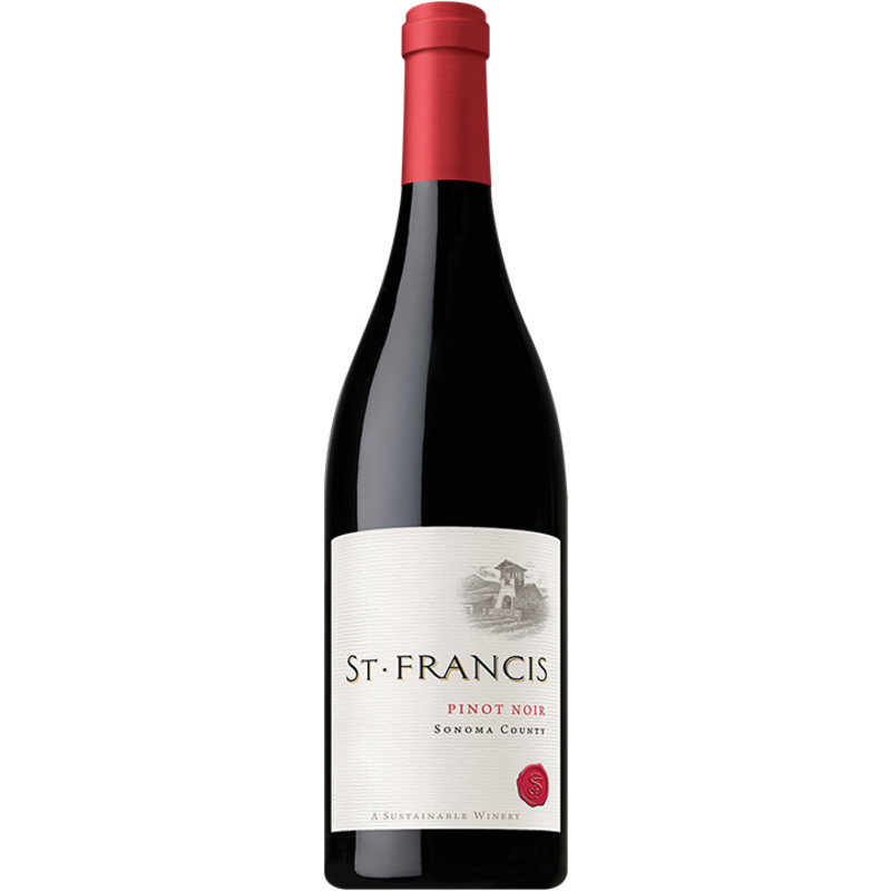 St. Francis Winery & Vineyards source their Pinot Noir fruit from the cooler areas of Sonoma County where fog from the Pacific Ocean rolls in at night during the summer, dropping temperatures substantially. This natural air-conditioning allows the grapes to develop deep flavors while retaining natural acidity. To capture the distinct varietal characteristics of each vineyard, the lots are fermented separately starting with a five to ten day cold soak to extract optimal color and flavor. After a long, slow fermentation the wine is racked off into French Oak barrels, 25% new, where it undergoes natural malolactic fermentation followed by aging for ten months before blending and bottling.