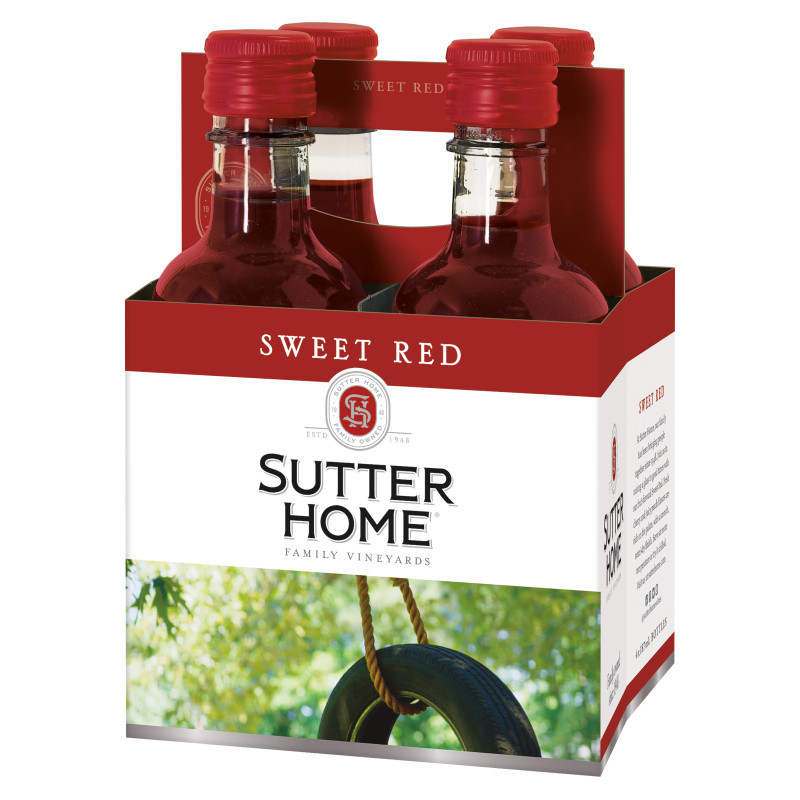 Sutter Home Sweet Red Wine is an inviting blend of Merlot, Zinfandel and Syrah grapes. Delicate peach and floral aromas reveal abundant fresh cherry, juicy berry and ripe peach flavors on the palate with refreshing acidity. Soft tannins complement the natural residual grape sweetness for a luscious mouthfeel. This California wine received 91 points—Gold from 2019 West Coast Wine and 91 points - Silver from 2020 New World Int'l.  Serve this sweet red blend well-chilled with barbecued ribs, juicy cheeseburgers and spicy Asian foods. During the wine making process, winemakers cold-ferment and age this California wine in stainless steel tanks to preserve the fruity aromas and flavors. The four pack of mini screw cap wine bottles is easy to open anywhere—no corkscrew required. This bottled wine has 12.15% alcohol by volume. Sutter Home, family owned since 1948, is the brand generations of wine lovers trust to deliver consistent, award-winning quality and value for every wine occasion.
