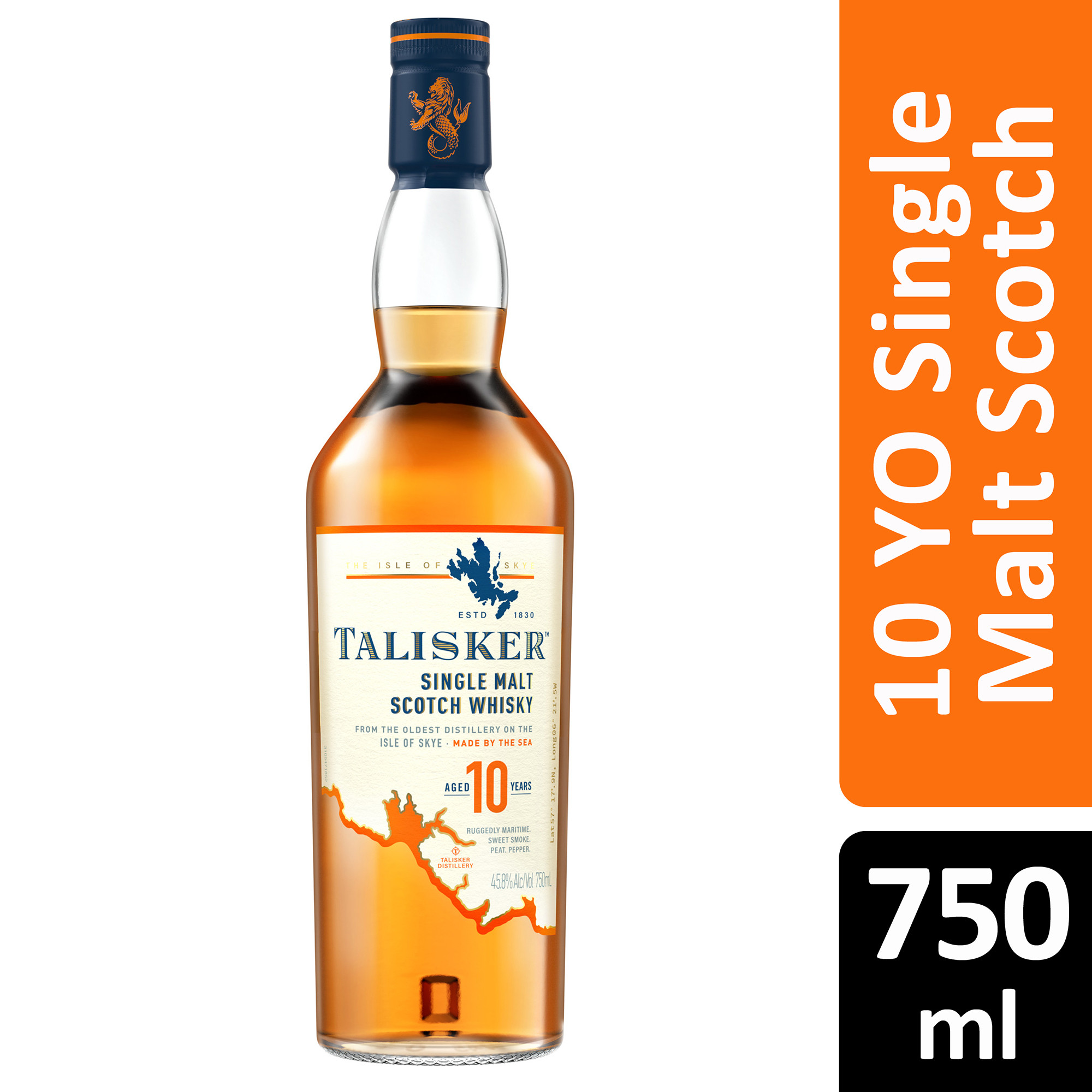 Experience the tale told by the tides with a sip of Talisker 10 Year Old Single Malt Scotch Whisky. Intense and full-bodied, our 91.6 proof whisky has a strong smoke, barley-malt taste and rich, dried-fruit sweetness. Distilled by the sea on the shores of the Isle of Skye in Scotland, centuries of local distilling tradition and the rugged environment are what make our whisky so unique. Enjoy this aged single malt served neat to savor the long, warming finish. Includes one 91.6 proof 750 mL bottle of Talisker 10 Year Old Single Malt Scotch Whisky. Please drink responsibly., One 750 mL bottle of Talisker 10 Year Old Single Malt Scotch Whisky, Awarded a Gold Medal in 2023 at the San Francisco World Spirits Competition, Perfect as a gift or for any celebration, Strong smoke, barley-malt taste and rich, dried-fruit sweetness, Distilled by the sea on the shores of the Isle of Skye in Scotland, Huge, long, warming and peppery in the finish with an appetizing sweetness