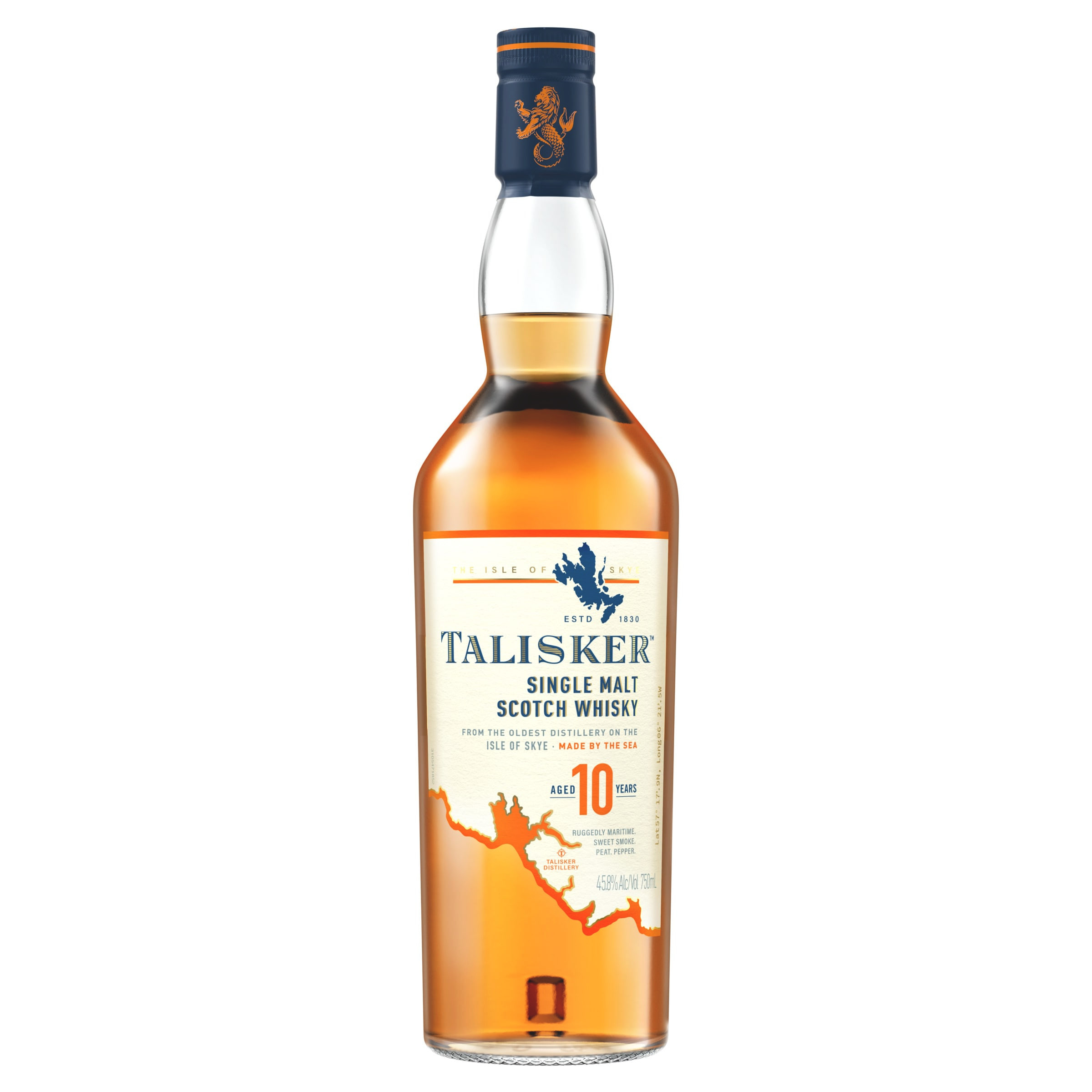 Experience the tale told by the tides with a sip of Talisker 10 Year Old Single Malt Scotch Whisky. Intense and full-bodied, our 91.6 proof whisky has a strong smoke, barley-malt taste and rich, dried-fruit sweetness. Distilled by the sea on the shores of the Isle of Skye in Scotland, centuries of local distilling tradition and the rugged environment are what make our whisky so unique. Enjoy this aged single malt served neat to savor the long, warming finish. Includes one 91.6 proof 750 mL bottle of Talisker 10 Year Old Single Malt Scotch Whisky. Please drink responsibly., One 750 mL bottle of Talisker 10 Year Old Single Malt Scotch Whisky, Awarded a Gold Medal in 2023 at the San Francisco World Spirits Competition, Perfect as a gift or for any celebration, Strong smoke, barley-malt taste and rich, dried-fruit sweetness, Distilled by the sea on the shores of the Isle of Skye in Scotland, Huge, long, warming and peppery in the finish with an appetizing sweetness