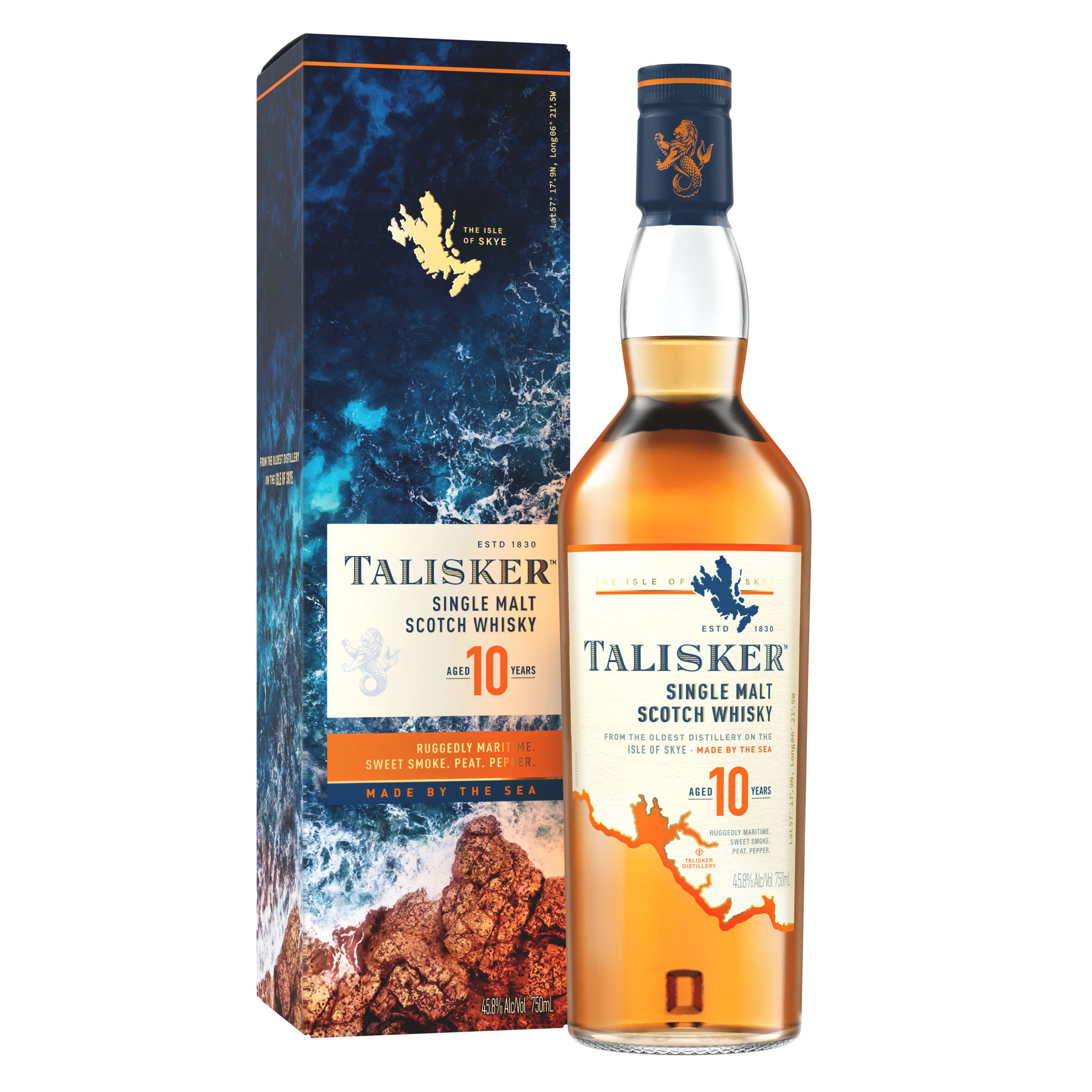 Experience the tale told by the tides with a sip of Talisker 10 Year Old Single Malt Scotch Whisky. Intense and full-bodied, our 91.6 proof whisky has a strong smoke, barley-malt taste and rich, dried-fruit sweetness. Distilled by the sea on the shores of the Isle of Skye in Scotland, centuries of local distilling tradition and the rugged environment are what make our whisky so unique. Enjoy this aged single malt served neat to savor the long, warming finish. Includes one 91.6 proof 750 mL bottle of Talisker 10 Year Old Single Malt Scotch Whisky. Please drink responsibly., One 750 mL bottle of Talisker 10 Year Old Single Malt Scotch Whisky, Awarded a Gold Medal in 2023 at the San Francisco World Spirits Competition, Perfect as a gift or for any celebration, Strong smoke, barley-malt taste and rich, dried-fruit sweetness, Distilled by the sea on the shores of the Isle of Skye in Scotland, Huge, long, warming and peppery in the finish with an appetizing sweetness
