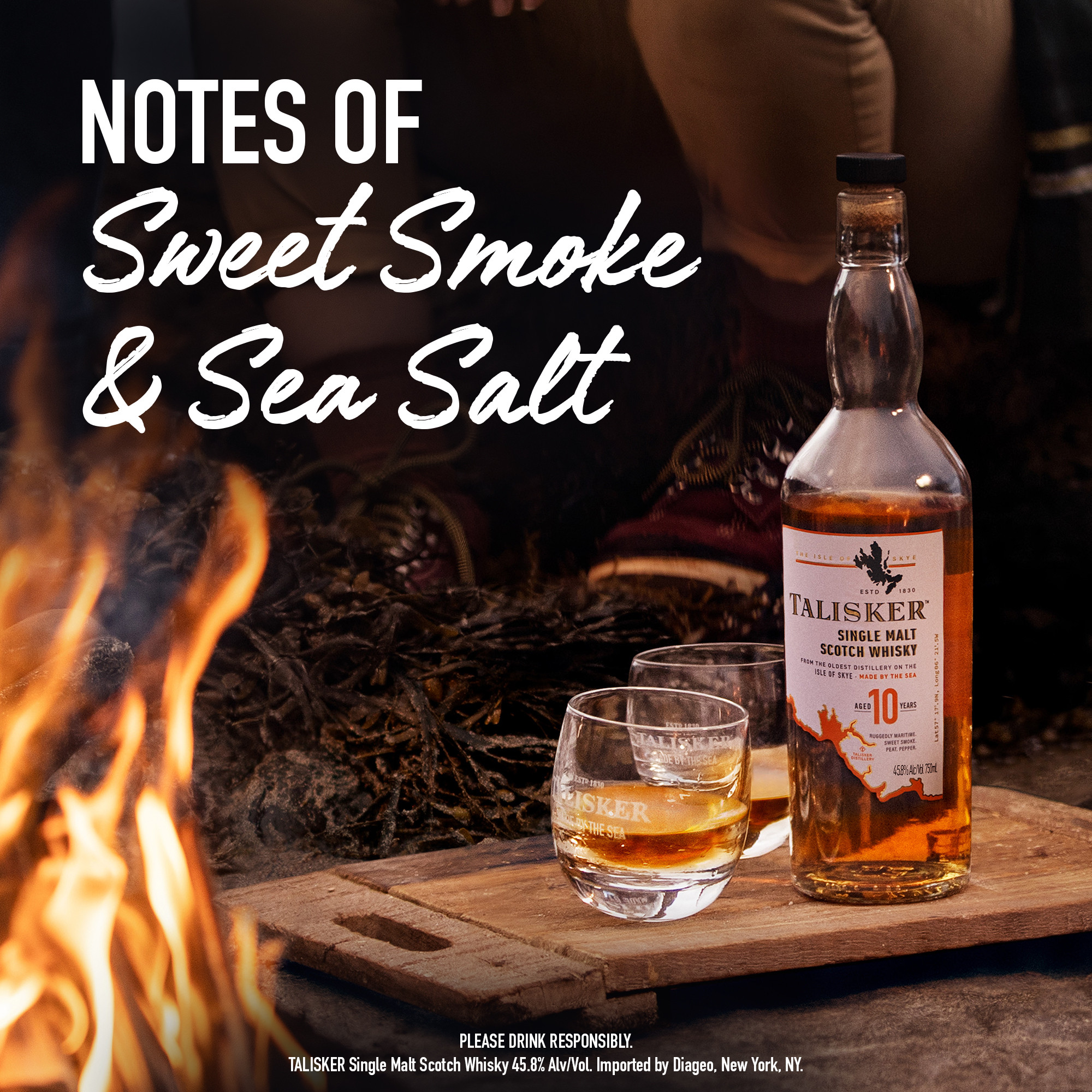 Experience the tale told by the tides with a sip of Talisker 10 Year Old Single Malt Scotch Whisky. Intense and full-bodied, our 91.6 proof whisky has a strong smoke, barley-malt taste and rich, dried-fruit sweetness. Distilled by the sea on the shores of the Isle of Skye in Scotland, centuries of local distilling tradition and the rugged environment are what make our whisky so unique. Enjoy this aged single malt served neat to savor the long, warming finish. Includes one 91.6 proof 750 mL bottle of Talisker 10 Year Old Single Malt Scotch Whisky. Please drink responsibly., One 750 mL bottle of Talisker 10 Year Old Single Malt Scotch Whisky, Awarded a Gold Medal in 2023 at the San Francisco World Spirits Competition, Perfect as a gift or for any celebration, Strong smoke, barley-malt taste and rich, dried-fruit sweetness, Distilled by the sea on the shores of the Isle of Skye in Scotland, Huge, long, warming and peppery in the finish with an appetizing sweetness