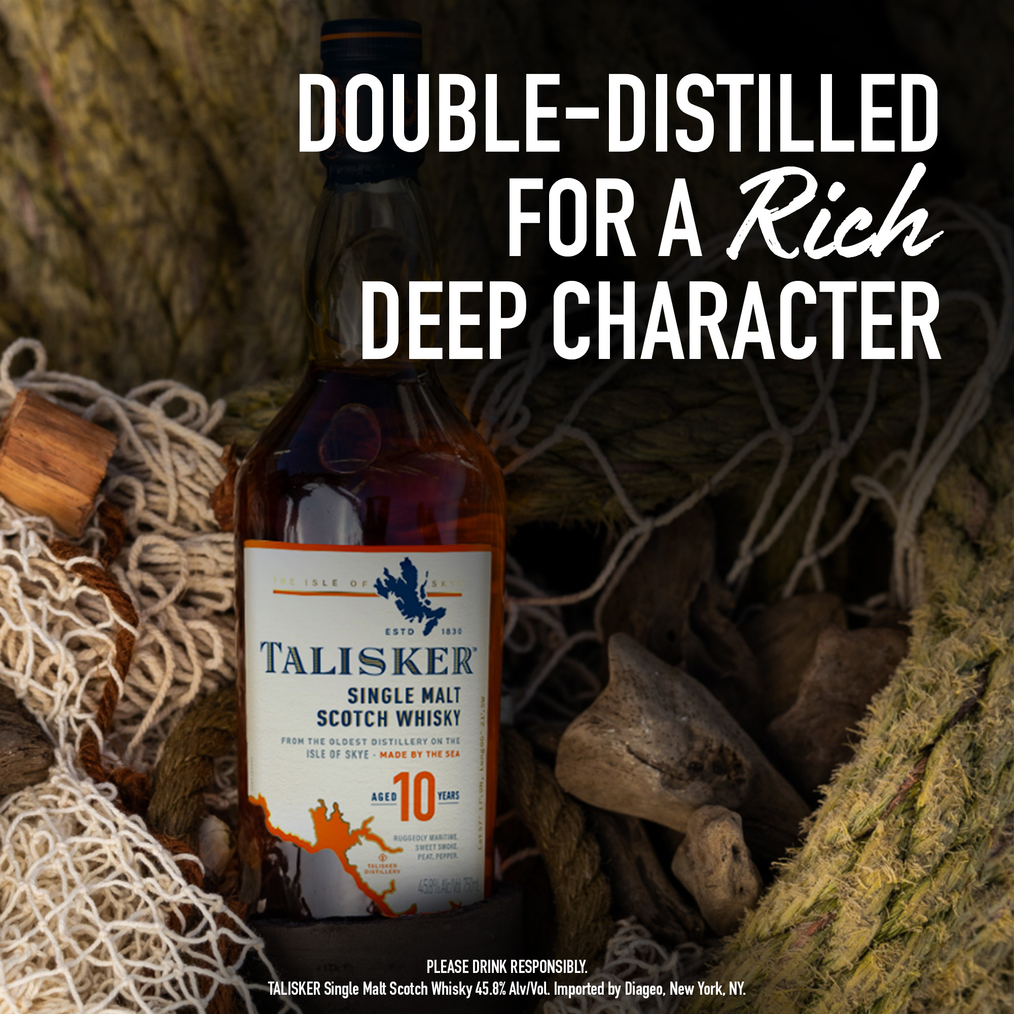 Experience the tale told by the tides with a sip of Talisker 10 Year Old Single Malt Scotch Whisky. Intense and full-bodied, our 91.6 proof whisky has a strong smoke, barley-malt taste and rich, dried-fruit sweetness. Distilled by the sea on the shores of the Isle of Skye in Scotland, centuries of local distilling tradition and the rugged environment are what make our whisky so unique. Enjoy this aged single malt served neat to savor the long, warming finish. Includes one 91.6 proof 750 mL bottle of Talisker 10 Year Old Single Malt Scotch Whisky. Please drink responsibly., One 750 mL bottle of Talisker 10 Year Old Single Malt Scotch Whisky, Awarded a Gold Medal in 2023 at the San Francisco World Spirits Competition, Perfect as a gift or for any celebration, Strong smoke, barley-malt taste and rich, dried-fruit sweetness, Distilled by the sea on the shores of the Isle of Skye in Scotland, Huge, long, warming and peppery in the finish with an appetizing sweetness