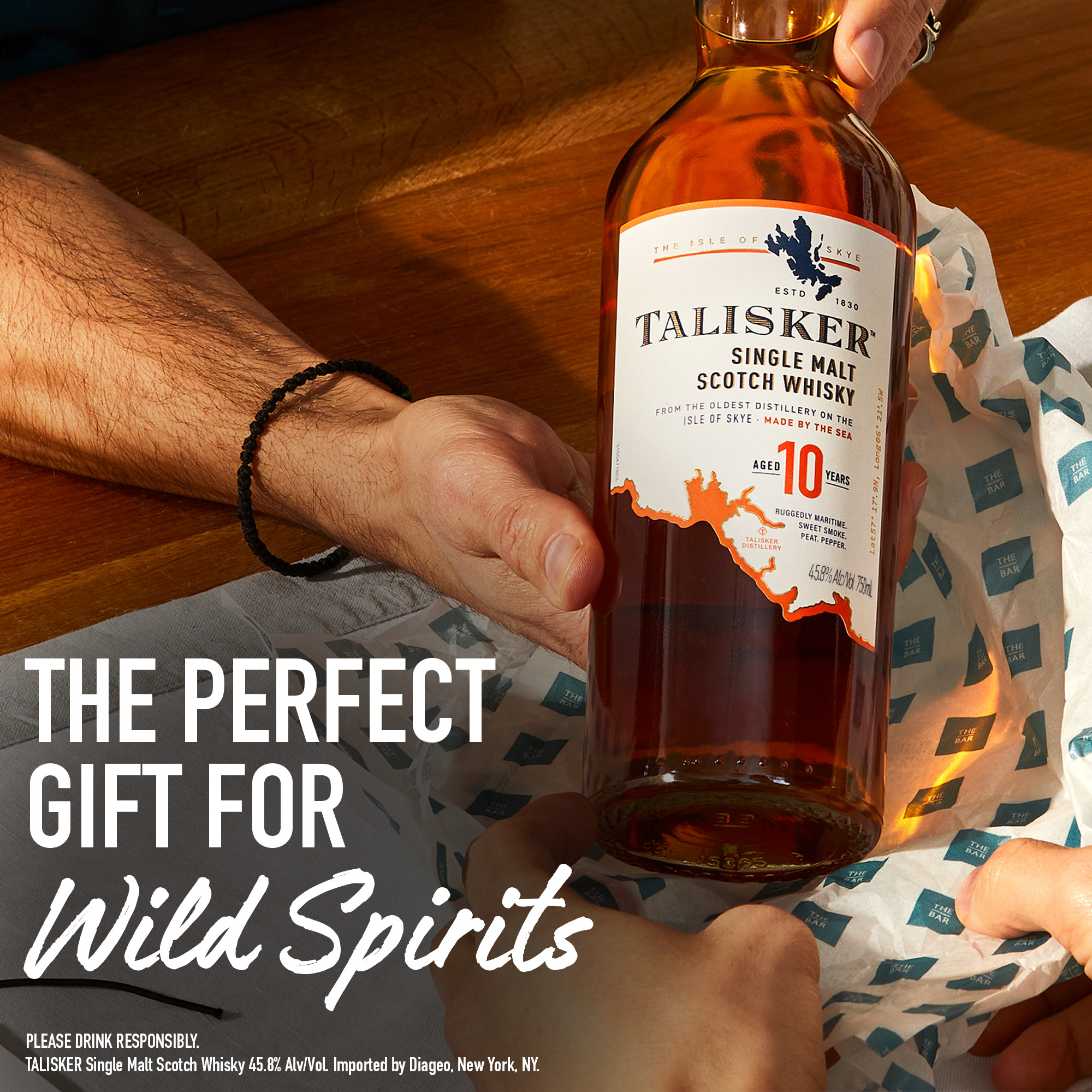 Experience the tale told by the tides with a sip of Talisker 10 Year Old Single Malt Scotch Whisky. Intense and full-bodied, our 91.6 proof whisky has a strong smoke, barley-malt taste and rich, dried-fruit sweetness. Distilled by the sea on the shores of the Isle of Skye in Scotland, centuries of local distilling tradition and the rugged environment are what make our whisky so unique. Enjoy this aged single malt served neat to savor the long, warming finish. Includes one 91.6 proof 750 mL bottle of Talisker 10 Year Old Single Malt Scotch Whisky. Please drink responsibly., One 750 mL bottle of Talisker 10 Year Old Single Malt Scotch Whisky, Awarded a Gold Medal in 2023 at the San Francisco World Spirits Competition, Perfect as a gift or for any celebration, Strong smoke, barley-malt taste and rich, dried-fruit sweetness, Distilled by the sea on the shores of the Isle of Skye in Scotland, Huge, long, warming and peppery in the finish with an appetizing sweetness