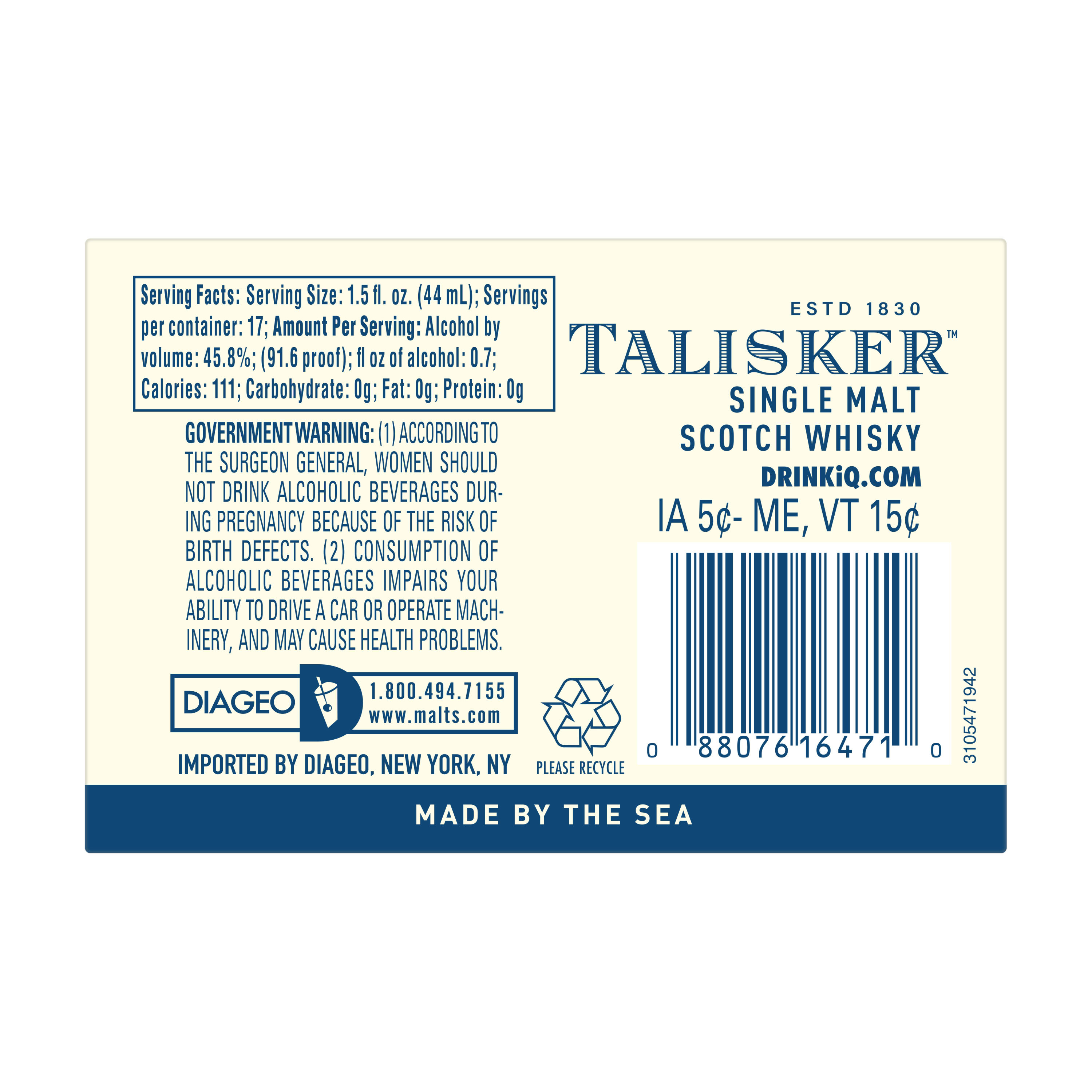 Experience the tale told by the tides with a sip of Talisker 18 Year Old Single Malt Scotch Whisky. Intertwined with just a thread of smoke, this full-bodied single malt boasts sweetness in the front, then develops toward an assertive, warming toffee taste. Distilled by the sea on the shores of the Isle of Skye in Scotland, centuries of local distilling tradition and the rugged environment are what make our award-winning whisky so unique. Finishing with a medium chili catch, this rich and smooth Talisker should be enjoyed neat or with a little water. Includes one 91.6 proof 750 mL bottle of Talisker 18 Year Old Single Malt Scotch Whisky. Please drink responsibly., One 750 mL bottle of Talisker 18 Year Old Single Malt Scotch Whisky, Awarded a Platinum Medal in 2023 and a Double Gold Medal in 2022 and 2021 at the San Francisco World Spirits Competition, Perfect as a gift or for celebrating anniversaries, birthdays, graduations or any special occasion, Sweetness in the front, then more assertive, developing towards smoke, coal-tar and toffee, Distilled by the sea on the shores of the Isle of Skye in Scotland, Medium finish with the characteristic chili catch