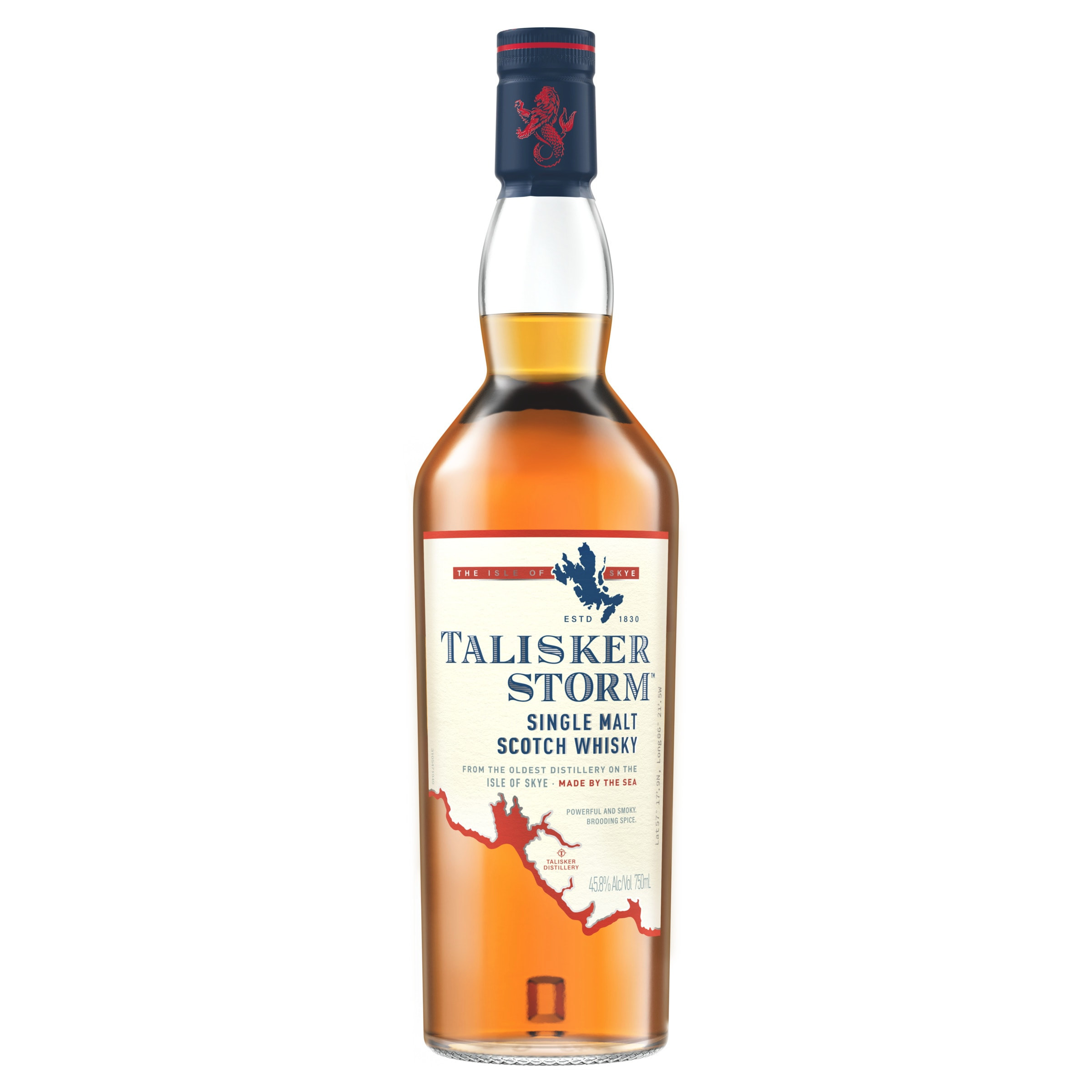 Experience the tale told by the tides with a swig of Talisker Storm Single Malt Scotch Whisky. Our 91.6 proof whisky starts out with a mellow yet rich sweet, malty taste ending in an explosion of spice. Distilled by the sea on the shores of the Isle of Skye in Scotland, centuries of local distilling tradition and the rugged environment are what makes our malt so exquisite. Intense and powerful, the flavor comes from the peat burned during the malting process and the rich vanilla imbued by the aging process.  With a lasting smooth aftertaste, savor this spirit's sweet and spicy flavors served neat, or draw them out with a little water.  Includes one 91.6 proof 750 mL bottle of Talisker Storm Single Malt Scotch Whisky. Please drink responsibly., One 750 mL bottle of Talisker Storm Single Malt Scotch Whisky, Awarded a Gold Medal in 2023 at the San Francisco World Spirits Competition, Distilled by the sea on the shores of the Isle of Skye in Scotland, Perfect as a gift or for any celebration