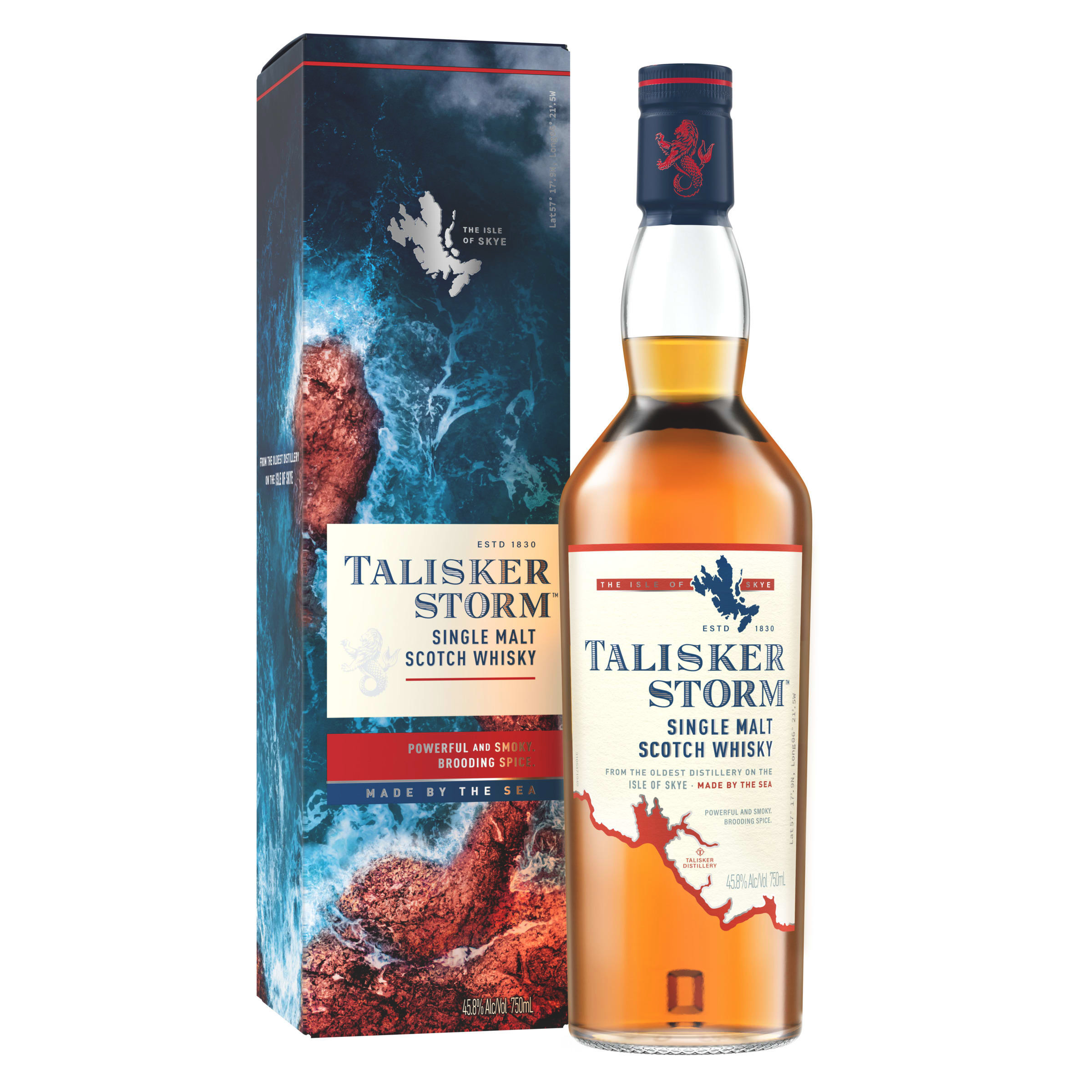 Experience the tale told by the tides with a swig of Talisker Storm Single Malt Scotch Whisky. Our 91.6 proof whisky starts out with a mellow yet rich sweet, malty taste ending in an explosion of spice. Distilled by the sea on the shores of the Isle of Skye in Scotland, centuries of local distilling tradition and the rugged environment are what makes our malt so exquisite. Intense and powerful, the flavor comes from the peat burned during the malting process and the rich vanilla imbued by the aging process.  With a lasting smooth aftertaste, savor this spirit's sweet and spicy flavors served neat, or draw them out with a little water.  Includes one 91.6 proof 750 mL bottle of Talisker Storm Single Malt Scotch Whisky. Please drink responsibly., One 750 mL bottle of Talisker Storm Single Malt Scotch Whisky, Awarded a Gold Medal in 2023 at the San Francisco World Spirits Competition, Distilled by the sea on the shores of the Isle of Skye in Scotland, Perfect as a gift or for any celebration