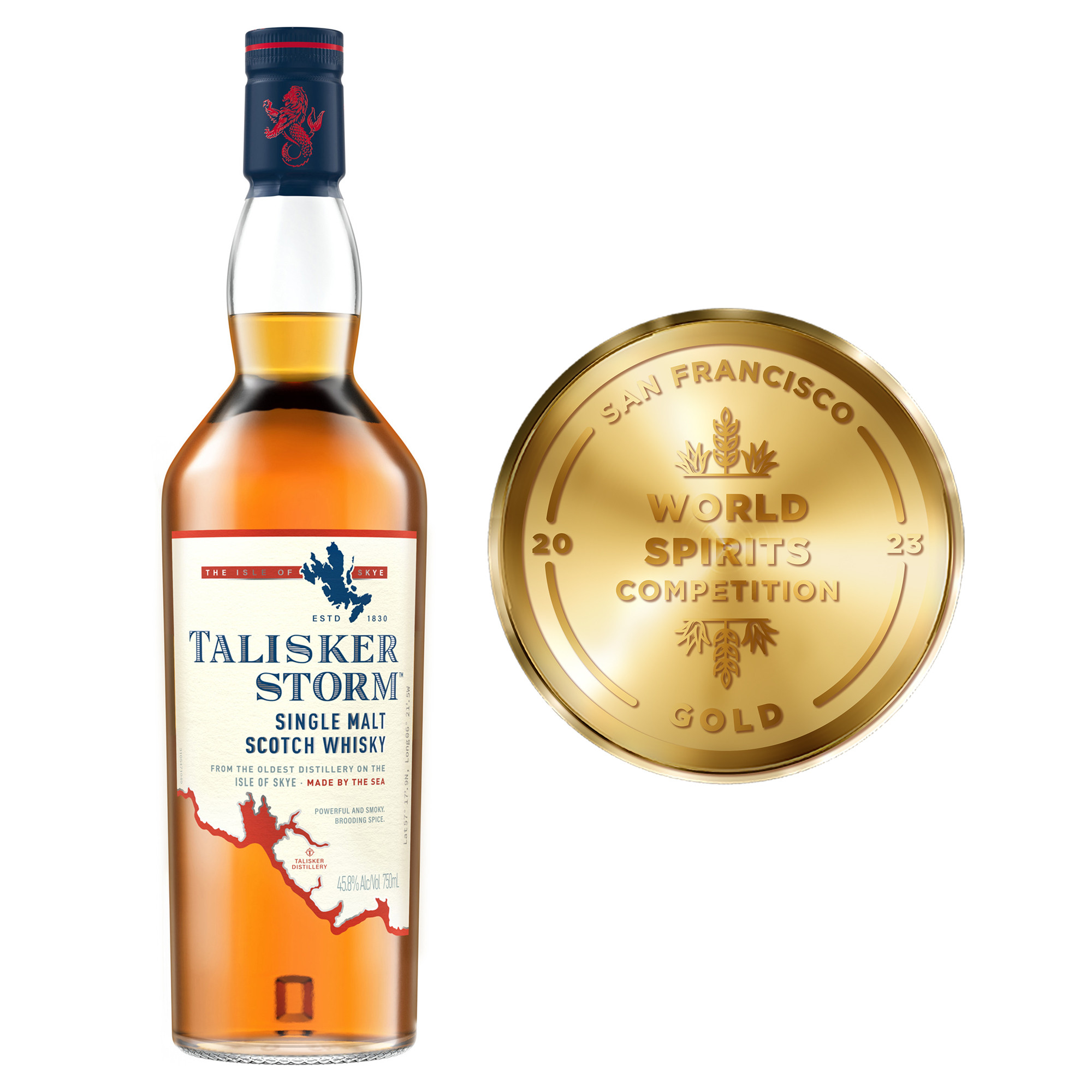 Experience the tale told by the tides with a swig of Talisker Storm Single Malt Scotch Whisky. Our 91.6 proof whisky starts out with a mellow yet rich sweet, malty taste ending in an explosion of spice. Distilled by the sea on the shores of the Isle of Skye in Scotland, centuries of local distilling tradition and the rugged environment are what makes our malt so exquisite. Intense and powerful, the flavor comes from the peat burned during the malting process and the rich vanilla imbued by the aging process.  With a lasting smooth aftertaste, savor this spirit's sweet and spicy flavors served neat, or draw them out with a little water.  Includes one 91.6 proof 750 mL bottle of Talisker Storm Single Malt Scotch Whisky. Please drink responsibly., One 750 mL bottle of Talisker Storm Single Malt Scotch Whisky, Awarded a Gold Medal in 2023 at the San Francisco World Spirits Competition, Distilled by the sea on the shores of the Isle of Skye in Scotland, Perfect as a gift or for any celebration