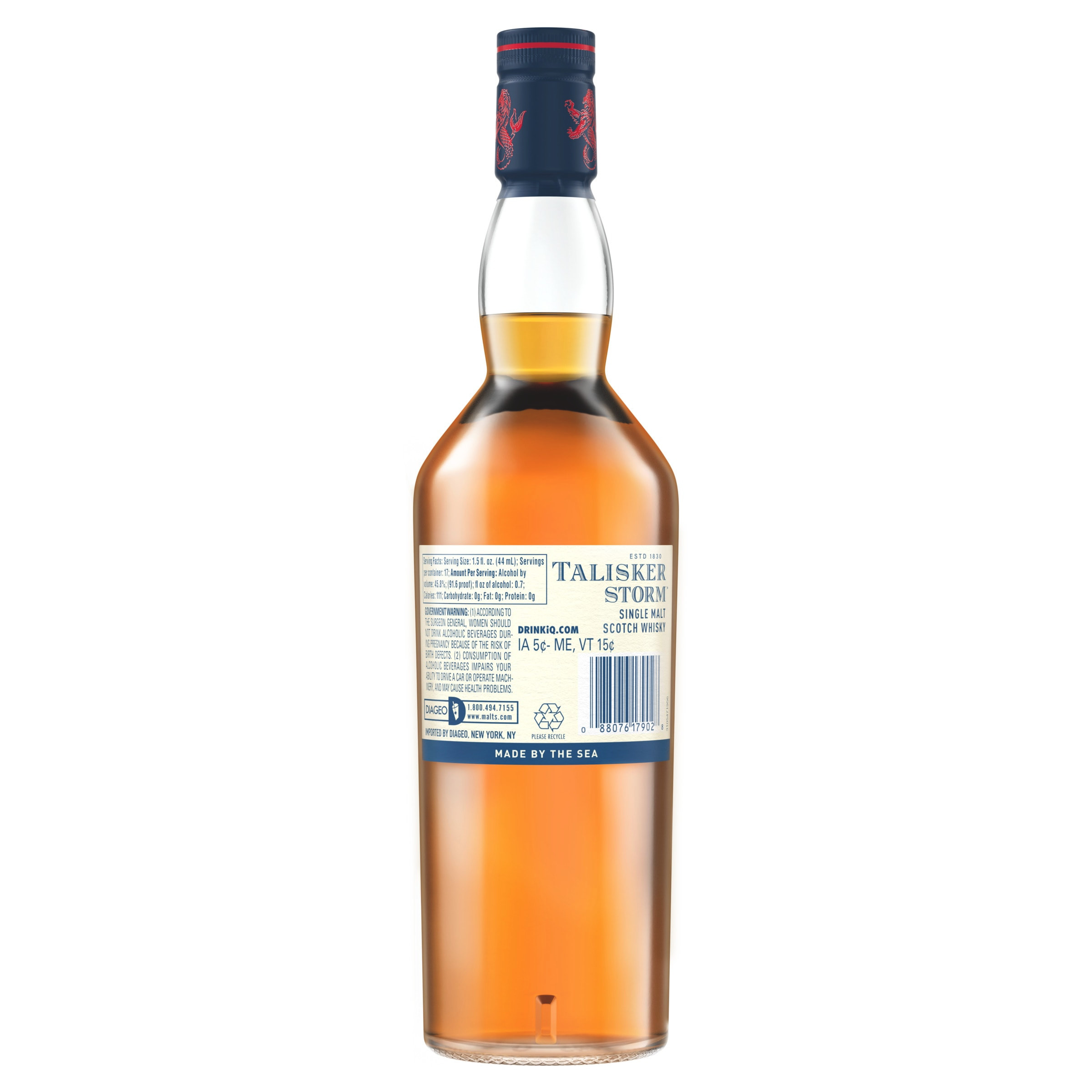 Experience the tale told by the tides with a swig of Talisker Storm Single Malt Scotch Whisky. Our 91.6 proof whisky starts out with a mellow yet rich sweet, malty taste ending in an explosion of spice. Distilled by the sea on the shores of the Isle of Skye in Scotland, centuries of local distilling tradition and the rugged environment are what makes our malt so exquisite. Intense and powerful, the flavor comes from the peat burned during the malting process and the rich vanilla imbued by the aging process.  With a lasting smooth aftertaste, savor this spirit's sweet and spicy flavors served neat, or draw them out with a little water.  Includes one 91.6 proof 750 mL bottle of Talisker Storm Single Malt Scotch Whisky. Please drink responsibly., One 750 mL bottle of Talisker Storm Single Malt Scotch Whisky, Awarded a Gold Medal in 2023 at the San Francisco World Spirits Competition, Distilled by the sea on the shores of the Isle of Skye in Scotland, Perfect as a gift or for any celebration