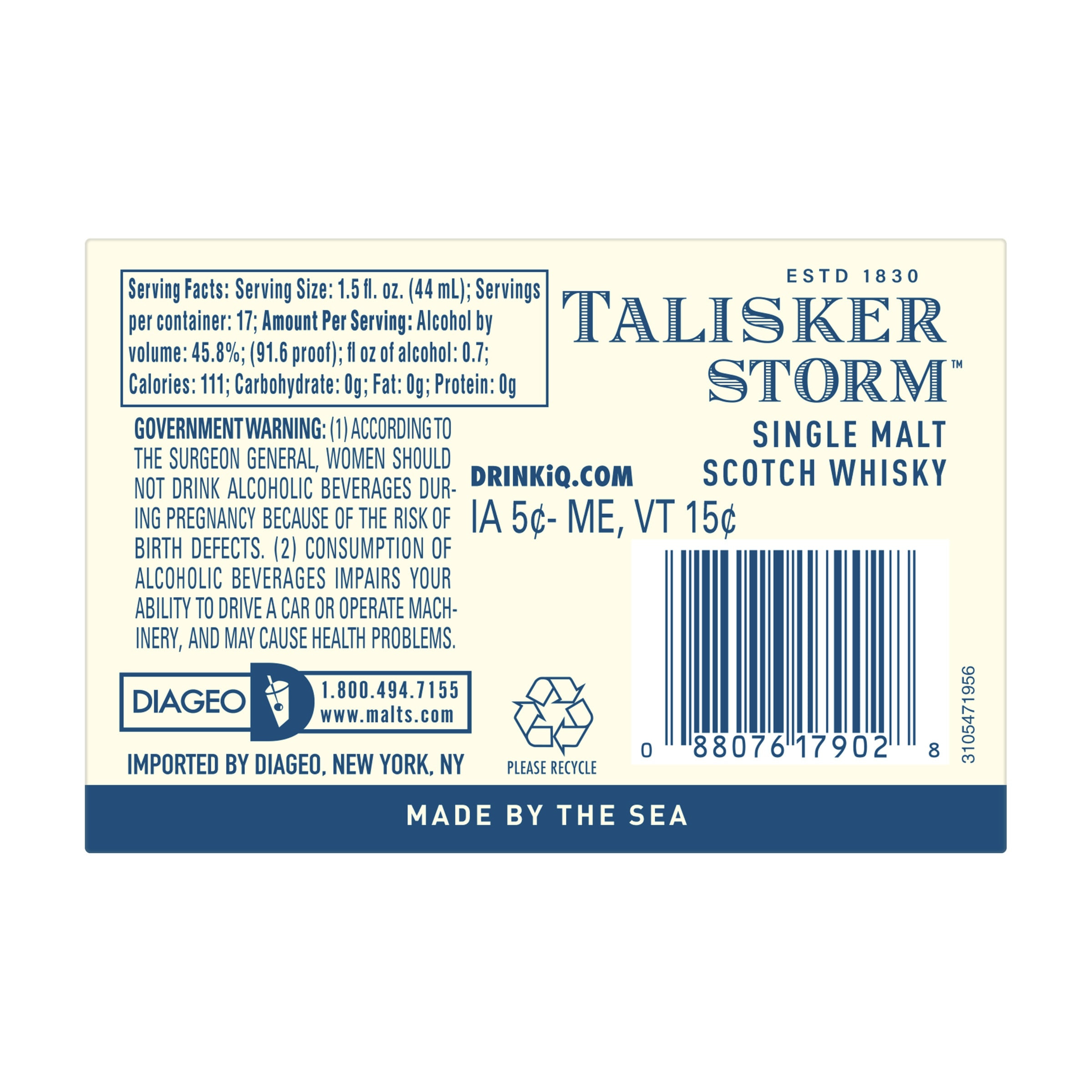 Experience the tale told by the tides with a swig of Talisker Storm Single Malt Scotch Whisky. Our 91.6 proof whisky starts out with a mellow yet rich sweet, malty taste ending in an explosion of spice. Distilled by the sea on the shores of the Isle of Skye in Scotland, centuries of local distilling tradition and the rugged environment are what makes our malt so exquisite. Intense and powerful, the flavor comes from the peat burned during the malting process and the rich vanilla imbued by the aging process.  With a lasting smooth aftertaste, savor this spirit's sweet and spicy flavors served neat, or draw them out with a little water.  Includes one 91.6 proof 750 mL bottle of Talisker Storm Single Malt Scotch Whisky. Please drink responsibly., One 750 mL bottle of Talisker Storm Single Malt Scotch Whisky, Awarded a Gold Medal in 2023 at the San Francisco World Spirits Competition, Distilled by the sea on the shores of the Isle of Skye in Scotland, Perfect as a gift or for any celebration