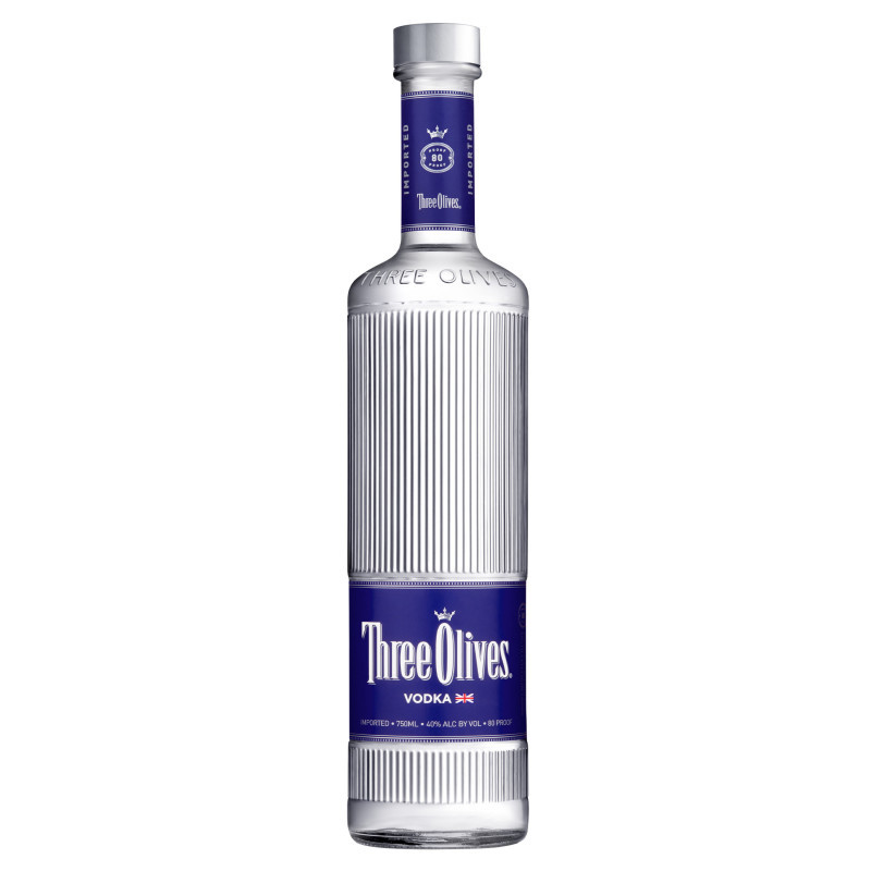 Three Olives is a premium vodka 4x distilled and filtered yielding an exceptionally pure and smooth vodka that is 100% GMO-free. The palate entry is silky, textured and enhanced with mineral notes. It is extremely mixable and can be used in a variety of cocktails ranging from a vodka soda to a Bloody Mary. (40% ABV  80 proof)