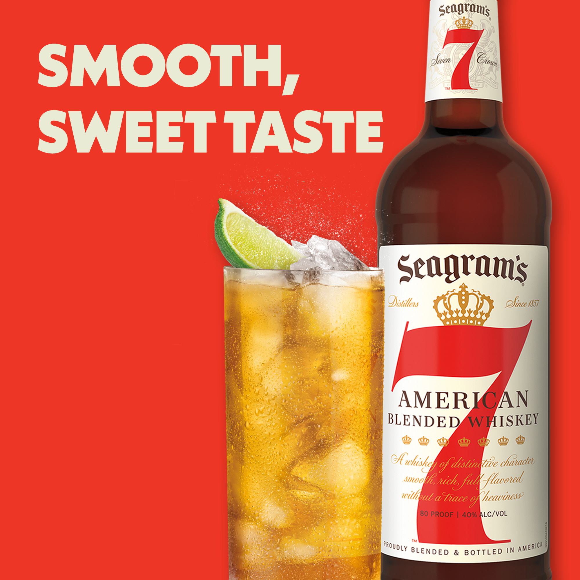 Put your feet up, relax and let the crisp aroma of Seagram's 7 Crown American Blended Whiskey envelop you. Our aged whiskey has a smooth, slightly sweet taste that leaves your palate with a creamy, vanilla finish. Our whiskey blend contains 40 percent alcohol by volume and is carefully blended and aged in oak barrels to bring out its bold flavors. Perfect for a signature 7 & 7 cocktail. Includes one 80 proof 1.75 L bottle of Seagram's American Blended Whiskey. Please drink responsibly., One 1.75 L glass bottle of Seagram's 7 Crown American Blended Whiskey, 80 Proof, Distilled liquor aged to bring out its bold flavors, Best enjoyed on its own or added to a mixed drink, Clean and crisp aroma with a hint of honey and maple
