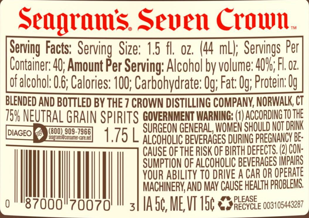 Put your feet up, relax and let the crisp aroma of Seagram's 7 Crown American Blended Whiskey envelop you. Our aged whiskey has a smooth, slightly sweet taste that leaves your palate with a creamy, vanilla finish. Our whiskey blend contains 40 percent alcohol by volume and is carefully blended and aged in oak barrels to bring out its bold flavors. Perfect for a signature 7 & 7 cocktail. Includes one 80 proof 1.75 L bottle of Seagram's American Blended Whiskey. Please drink responsibly., One 1.75 L glass bottle of Seagram's 7 Crown American Blended Whiskey, 80 Proof, Distilled liquor aged to bring out its bold flavors, Best enjoyed on its own or added to a mixed drink, Clean and crisp aroma with a hint of honey and maple