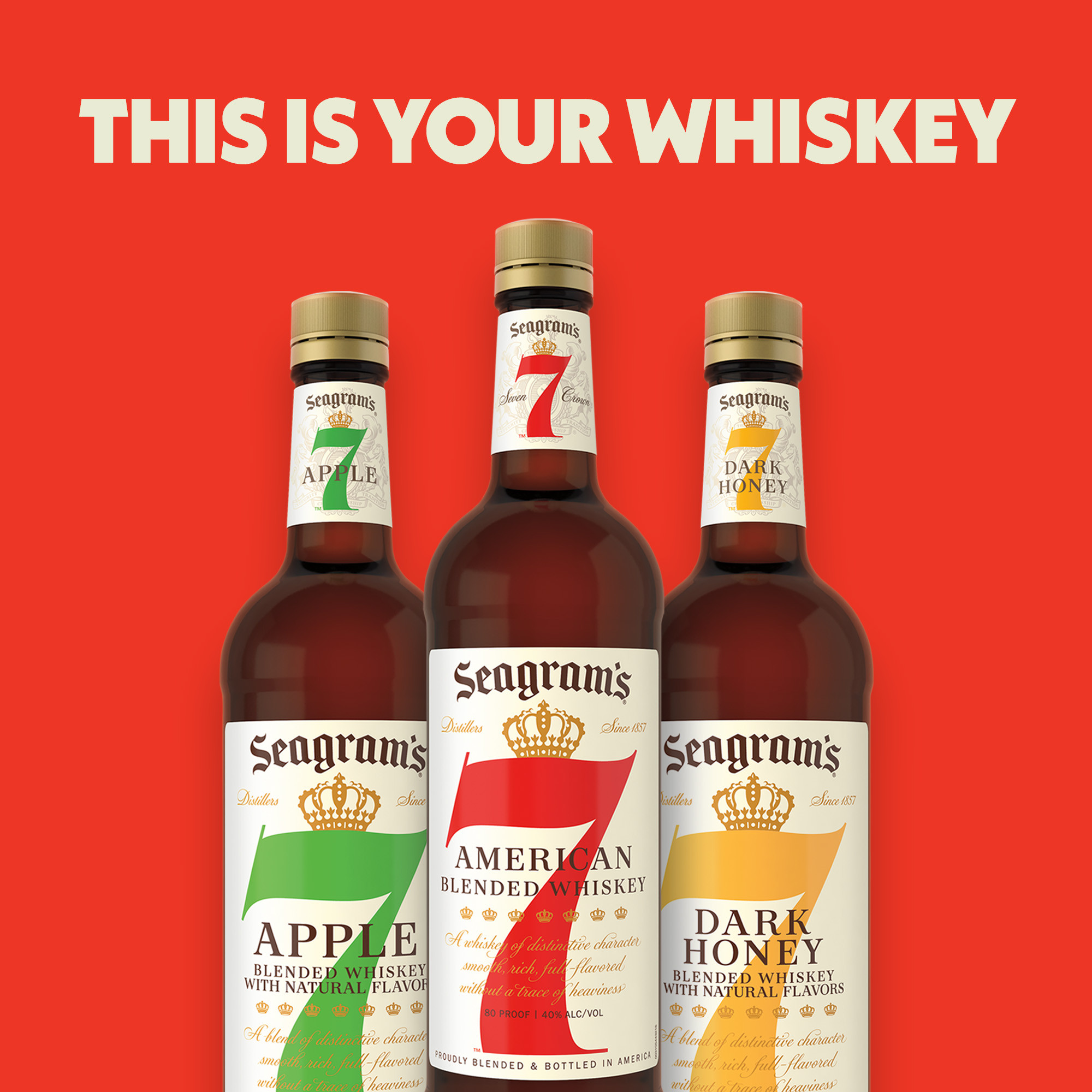 Put your feet up, relax and let the crisp aroma of Seagram's 7 Crown American Blended Whiskey envelop you. Our aged whiskey has a smooth, slightly sweet taste that leaves your palate with a creamy, vanilla finish. Our whiskey blend contains 40 percent alcohol by volume and is carefully blended and aged in oak barrels to bring out its bold flavors. Perfect for a signature 7 & 7 cocktail. Includes one 80 proof 750 mL bottle of Seagram's American Blended Whiskey. Please drink responsibly., One 750 mL glass bottle of Seagram's 7 Crown American Blended Whiskey, 80 Proof, Distilled liquor aged to bring out its bold flavors, Best enjoyed on its own or added to a mixed drink, Clean and crisp aroma with a hint of honey and maple