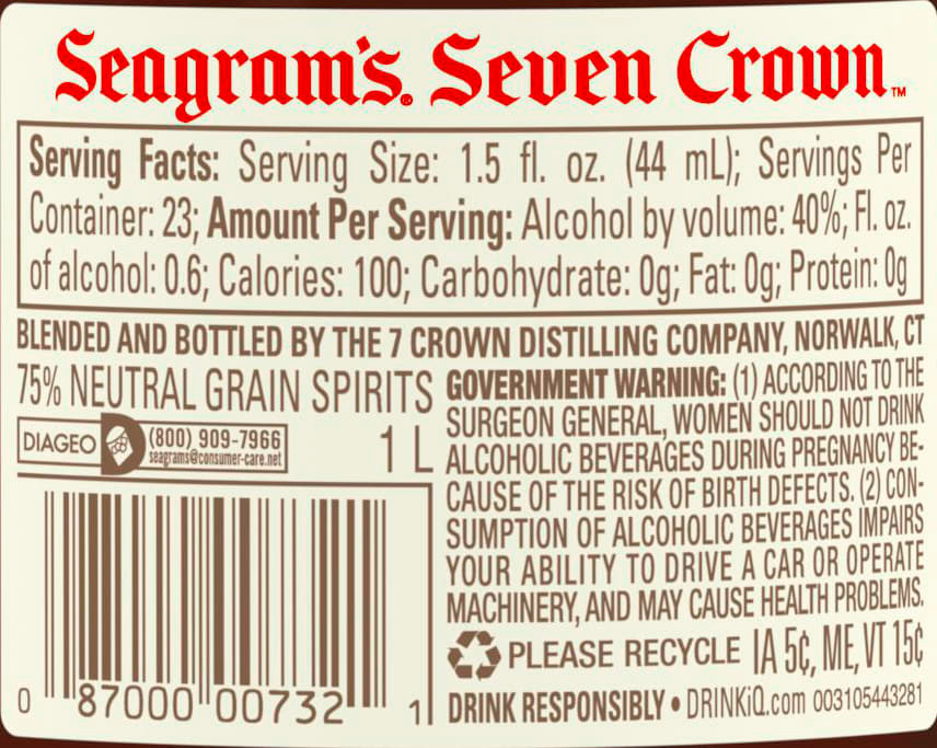 Put your feet up, relax and let the crisp aroma of Seagram's 7 Crown American Blended Whiskey envelop you. Our aged whiskey has a smooth, slightly sweet taste that leaves your palate with a creamy, vanilla finish. Our whiskey blend contains 40 percent alcohol by volume and is carefully blended and aged in oak barrels to bring out its bold flavors. Perfect for a signature 7 & 7 cocktail. Includes one 80 proof 1 L bottle of Seagram's American Blended Whiskey. Please drink responsibly., One 1 L bottle of Seagram's 7 Crown American Blended Whiskey, 80 Proof, Distilled liquor aged to bring out its bold flavors, Best enjoyed on its own or added to a mixed drink, Clean and crisp aroma with a hint of honey and maple