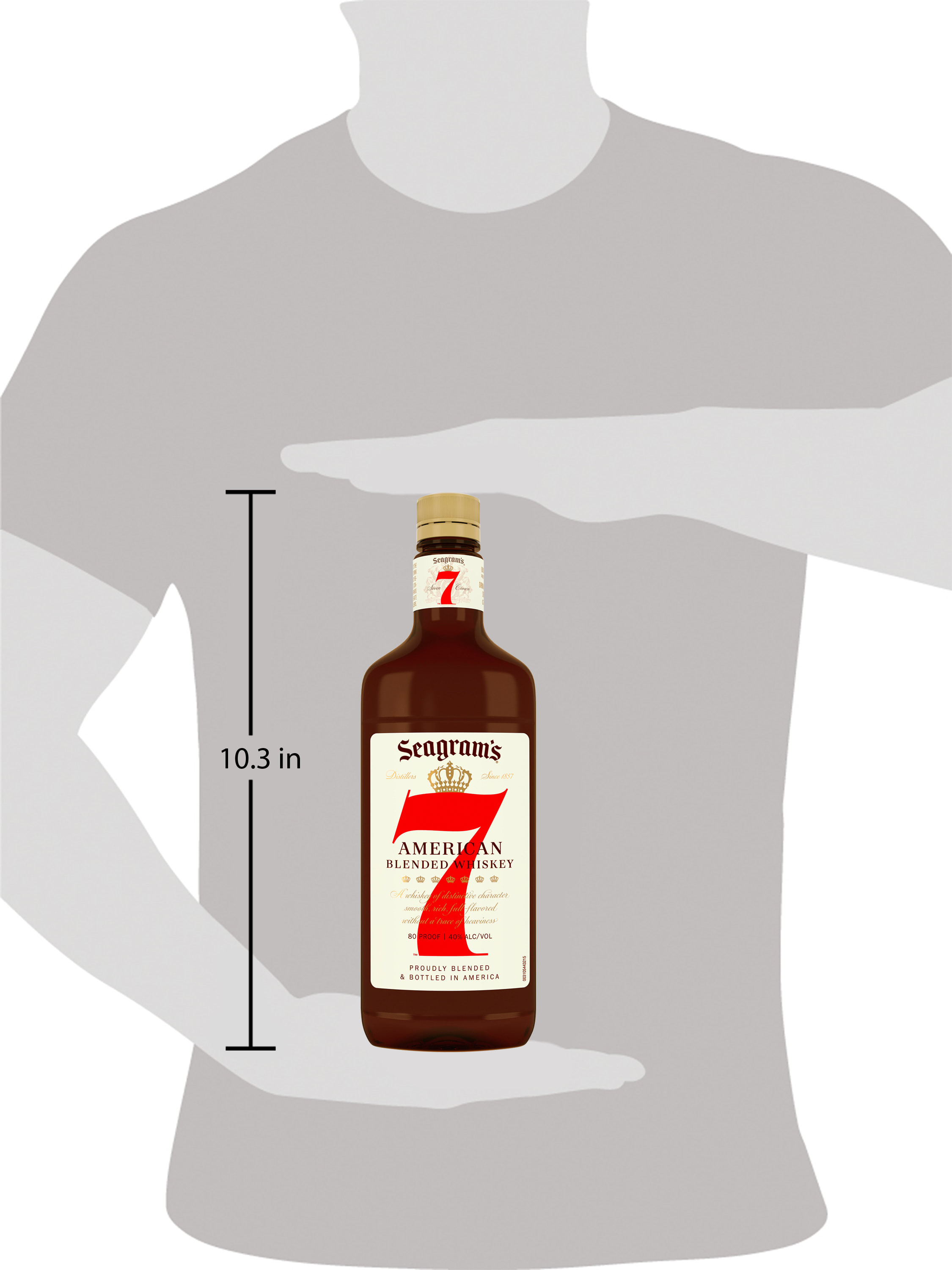 Put your feet up, relax and let the crisp aroma of Seagram's 7 Crown American Blended Whiskey envelop you. Our aged whiskey has a smooth, slightly sweet taste that leaves your palate with a creamy, vanilla finish. Our whiskey blend contains 40 percent alcohol by volume and is carefully blended and aged in oak barrels to bring out its bold flavors. Perfect for a signature 7 & 7 cocktail. Includes one 80 proof 750 mL bottle of Seagram's American Blended Whiskey. Please drink responsibly., One 750 mL plastic bottle of Seagram's 7 Crown American Blended Whiskey, 80 Proof, Distilled liquor aged to bring out its bold flavors, Best enjoyed on its own or added to a mixed drink, Clean and crisp aroma with a hint of honey and maple