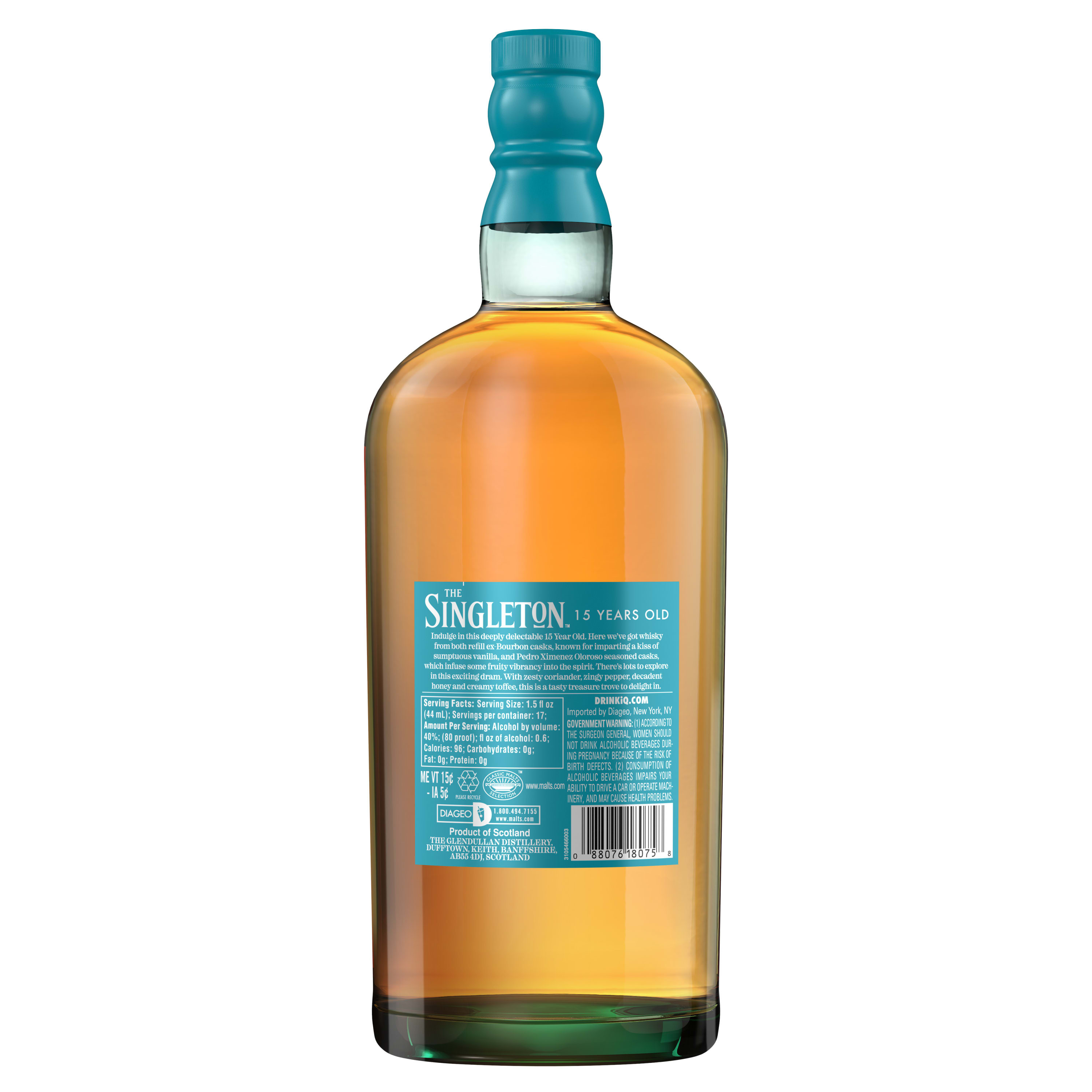 The Singleton 15 Year Old Single Malt Scotch Whisky is a very well balanced whisky that is richer, rounder and sweeter than younger expressions. Vanilla becomes more pronounced in the mid-palate, then lightly tightens its grip as a spiced edge comes through. The well balanced finish is smooth with light toasty oak and peppery spice. American Oak brings subtle, honeyed hints to The Singleton of Glendullan range, with a touch of European Oak offering a balancing dryness. Delicious however you choose to drink it, our award-winning 80 proof whisky is best enjoyed in the company of friends and in mixed drinks. Singleton Scotch should be enjoyed in a rocks glass, neat or with a drop water. The Singleton of Glendullan 15 Year Old Single Malt Scotch Whisky was awarded a Double Gold medal three years in a row in 2022, 2021, and 2020 at the San Francisco World Spirits Competition. Includes one 80 proof 750 mL bottle of 15 Year Old Single Malt Scotch Whisky. Please drink responsibly., One 750 mL bottle of The Singleton of Glendullan 15 Year Old Single Malt Scotch Whisky, Awarded a Double Gold medal three years in a row in 2022, 2021, and 2020 at the San Francisco World Spirits Competition, Imported from Scotland, Smooth, well balanced finish with light toasty oak and peppery spice, Aged at least 15 years in American and European oak casks, Pronounced vanilla with a spiced edge of coriander, pepper and lemon
