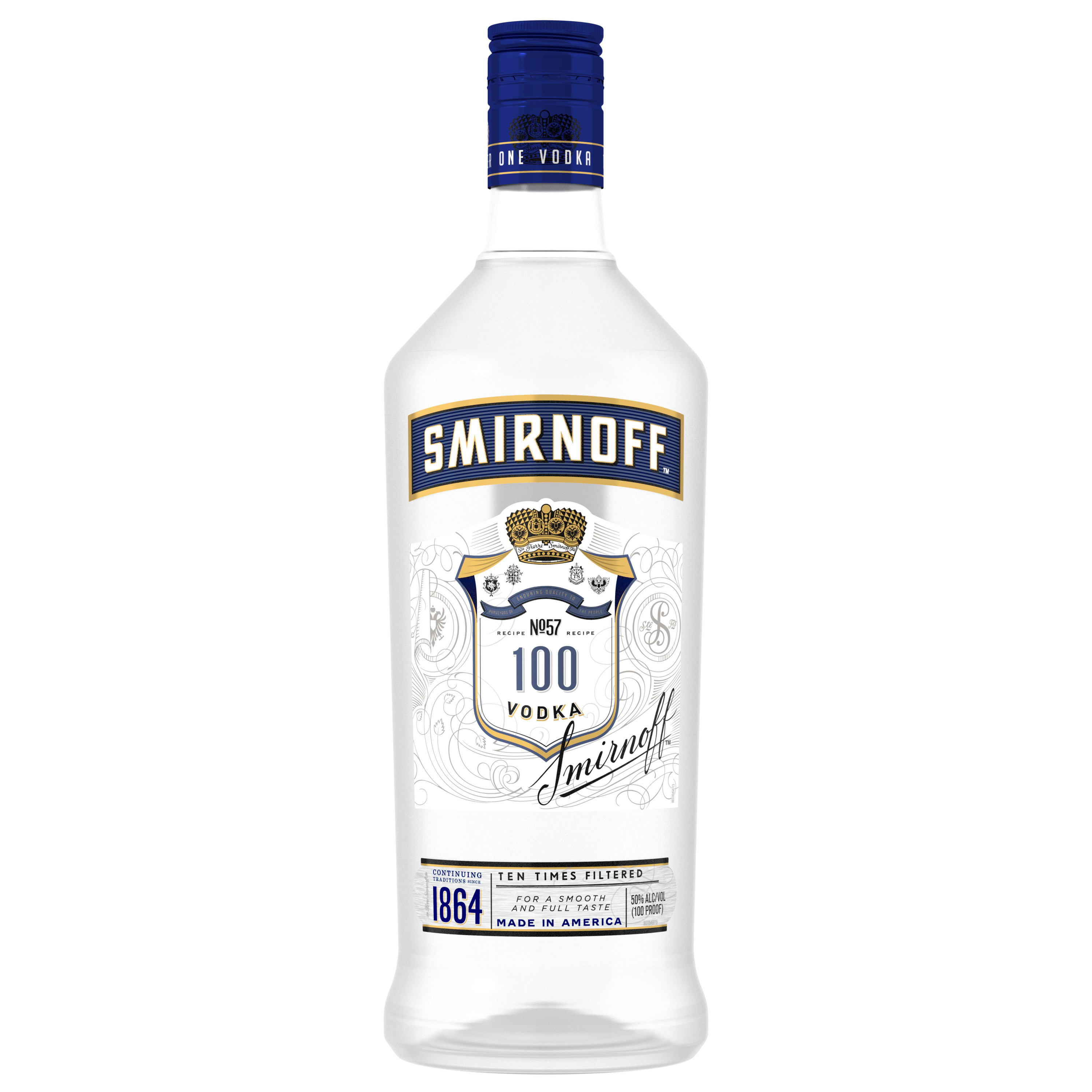 Serve up smooth taste when you pour Smirnoff 100 Proof Vodka at your next cocktail party. Each batch is Kosher Certified and distilled from premium  grain. Triple distilled and 10 times filtered for a uniquely smooth and full-bodied finish, this gluten free vodka is perfect for enjoying on the rocks or mixed into your favorite cocktails. Simply mix this triple distilled vodka with ginger beer and lime juice for a classic Moscow Mule, add it to your go-to martini recipe, or use it to serve up a robust Bloody Mary at your next brunch celebration. Includes one 1.75 L bottle of Smirnoff 100 Proof Vodka. Please enjoy responsibly., One 1.75 L bottle of Smirnoff 100 Proof Vodka, Perfect as a gift or for any celebration, Certified Kosher and gluten free, A uniquely smooth and full-bodied finish