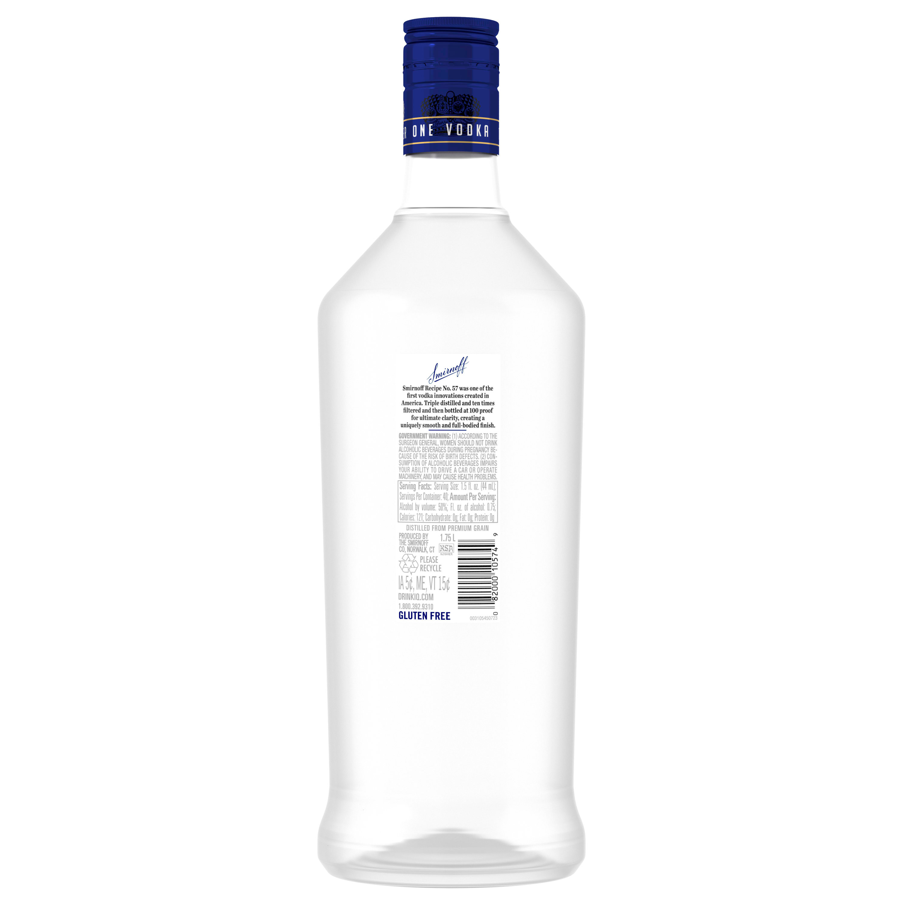 Serve up smooth taste when you pour Smirnoff 100 Proof Vodka at your next cocktail party. Each batch is Kosher Certified and distilled from premium  grain. Triple distilled and 10 times filtered for a uniquely smooth and full-bodied finish, this gluten free vodka is perfect for enjoying on the rocks or mixed into your favorite cocktails. Simply mix this triple distilled vodka with ginger beer and lime juice for a classic Moscow Mule, add it to your go-to martini recipe, or use it to serve up a robust Bloody Mary at your next brunch celebration. Includes one 1.75 L bottle of Smirnoff 100 Proof Vodka. Please enjoy responsibly., One 1.75 L bottle of Smirnoff 100 Proof Vodka, Perfect as a gift or for any celebration, Certified Kosher and gluten free, A uniquely smooth and full-bodied finish