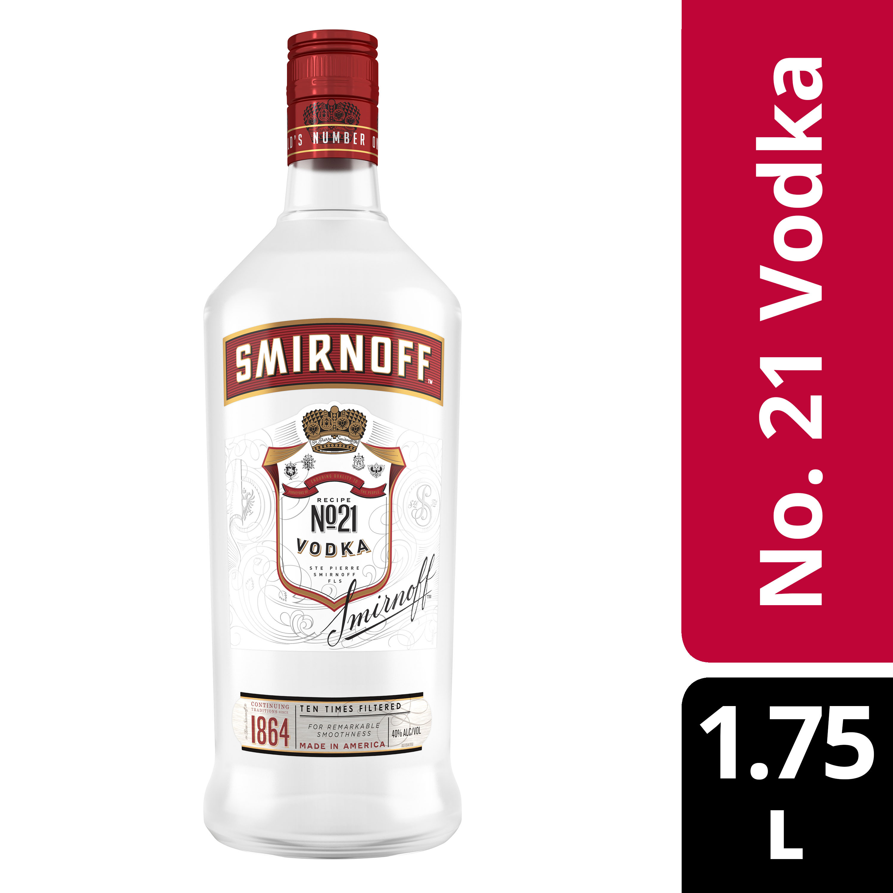Holding the title of the Worldâ€™s No.1 Vodka, Smirnoff No. 21 offers a distinct dry finish, with unparalleled smoothness and clarity. Each bottle proudly carries Kosher certification, and the liquor is crafted without gluten. Triple distilled and 10 times filtered using Smirnoff's multiple column filtration method, this award-winning vodka stands out for its refined taste. Savor it neat or enjoy it as the backbone to your favorite cocktail. Includes one 1.75 L bottle of Smirnoff No. 21 80 Proof Vodka. Please enjoy responsibly., Clean, crisp and timeless. One 1.75 L plastic bottle of Smirnoff No. 21 80 Proof Vodka, Gold Award Winner at the 2024 San Francisco World Spirits Competition, 80-proof â€” providing remarkable smoothness and clarity, Versatile and timeless. Perfect for all occasions and everyday celebrations, Inclusive for all thanks to Kosher certification and gluten-free properties, Enjoy with your favorite mixers, in your favorite martini or on the rocks, A clean and crisp profile that is accentuated with a smooth finish
