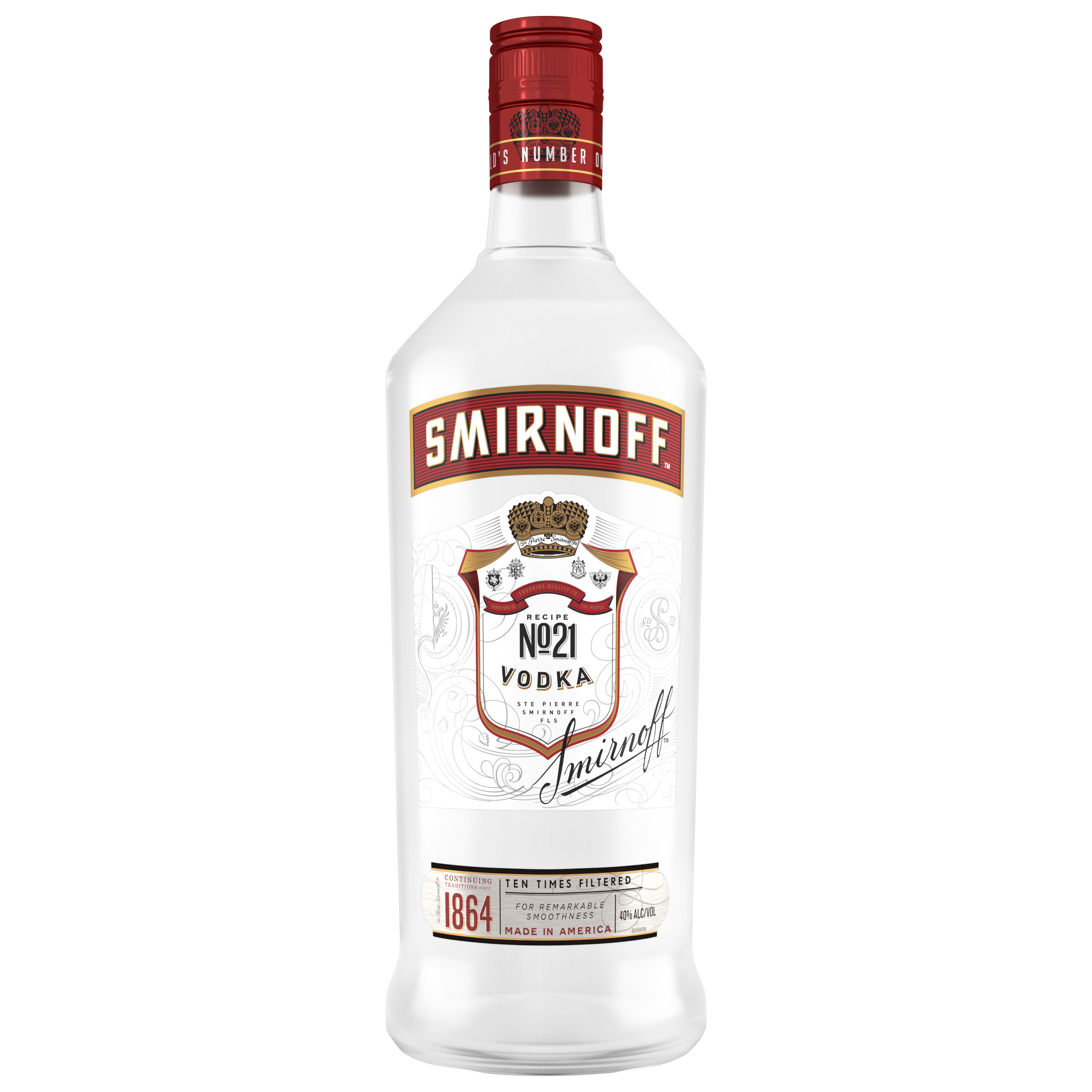 Holding the title of the Worldâ€™s No.1 Vodka, Smirnoff No. 21 offers a distinct dry finish, with unparalleled smoothness and clarity. Each bottle proudly carries Kosher certification, and the liquor is crafted without gluten. Triple distilled and 10 times filtered using Smirnoff's multiple column filtration method, this award-winning vodka stands out for its refined taste. Savor it neat or enjoy it as the backbone to your favorite cocktail. Includes one 1.75 L bottle of Smirnoff No. 21 80 Proof Vodka. Please enjoy responsibly., Clean, crisp and timeless. One 1.75 L plastic bottle of Smirnoff No. 21 80 Proof Vodka, Gold Award Winner at the 2024 San Francisco World Spirits Competition, 80-proof â€” providing remarkable smoothness and clarity, Versatile and timeless. Perfect for all occasions and everyday celebrations, Inclusive for all thanks to Kosher certification and gluten-free properties, Enjoy with your favorite mixers, in your favorite martini or on the rocks, A clean and crisp profile that is accentuated with a smooth finish
