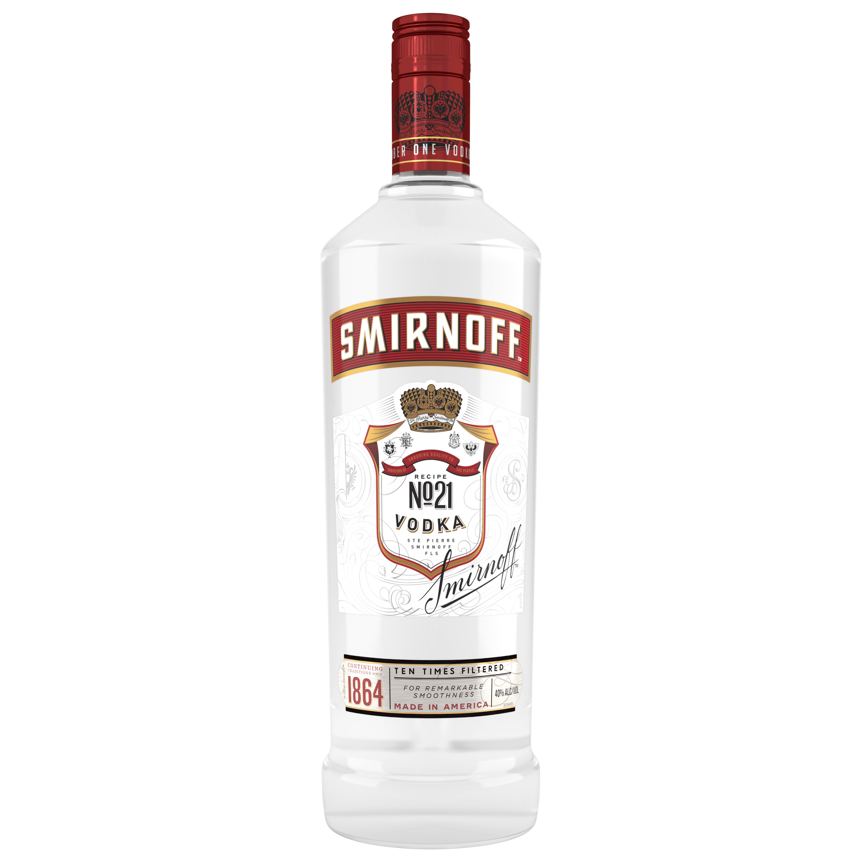 Holding the title of the Worldâ€™s No.1 Vodka, Smirnoff No. 21 offers a distinct dry finish, with unparalleled smoothness and clarity. Each bottle proudly carries Kosher certification, and the liquor is crafted without gluten. Triple distilled and 10 times filtered using Smirnoff's multiple column filtration method, this award-winning vodka stands out for its refined taste. Savor it neat or enjoy it as the backbone to your favorite cocktail. Includes one 1 L bottle of Smirnoff No. 21 80 Proof Vodka. Please enjoy responsibly., Clean, crisp and timeless. One 1 L bottle of Smirnoff No. 21 80 Proof Vodka, Gold Award Winner at the 2024 San Francisco World Spirits Competition, 80-proof â€” providing remarkable smoothness and clarity, Versatile and timeless. Perfect for all occasions and everyday celebrations, Inclusive for all thanks to Kosher certification and gluten-free properties, Enjoy with your favorite mixers, in your favorite martini or on the rocks, A clean and crisp profile that is accentuated with a smooth finish