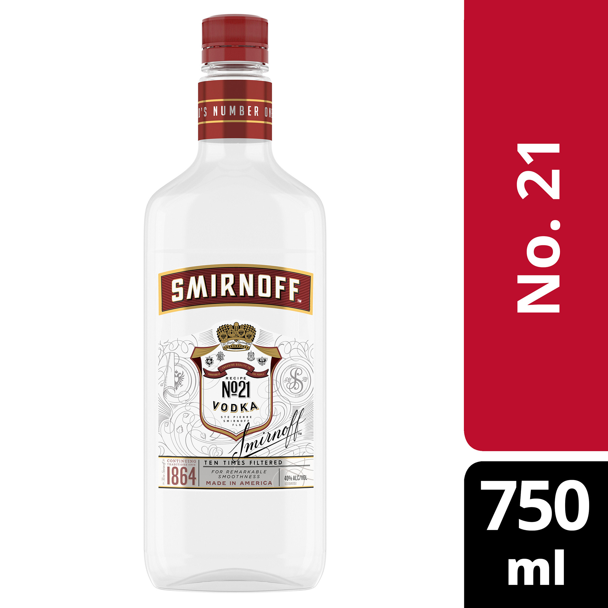 Holding the title of the Worldâ€™s No.1 Vodka, Smirnoff No. 21 offers a distinct dry finish, with unparalleled smoothness and clarity. Each bottle proudly carries Kosher certification, and the liquor is crafted without gluten. Triple distilled and 10 times filtered using Smirnoff's multiple column filtration method, this award-winning vodka stands out for its refined taste. Savor it neat or enjoy it as the backbone to your favorite cocktail. Includes one 750 mL plastic bottle of Smirnoff No. 21 80 Proof Vodka. Please enjoy responsibly., Clean, crisp and timeless. One 750 mL plastic bottle of Smirnoff No. 21 80 Proof Vodka, Gold Award Winner at the 2024 San Francisco World Spirits Competition, 80-proof â€” providing remarkable smoothness and clarity, Versatile and timeless. Perfect for all occasions and everyday celebrations, Inclusive for all thanks to Kosher certification and gluten-free properties, Enjoy with your favorite mixers, in your favorite martini or on the rocks, A clean and crisp profile that is accentuated with a smooth finish