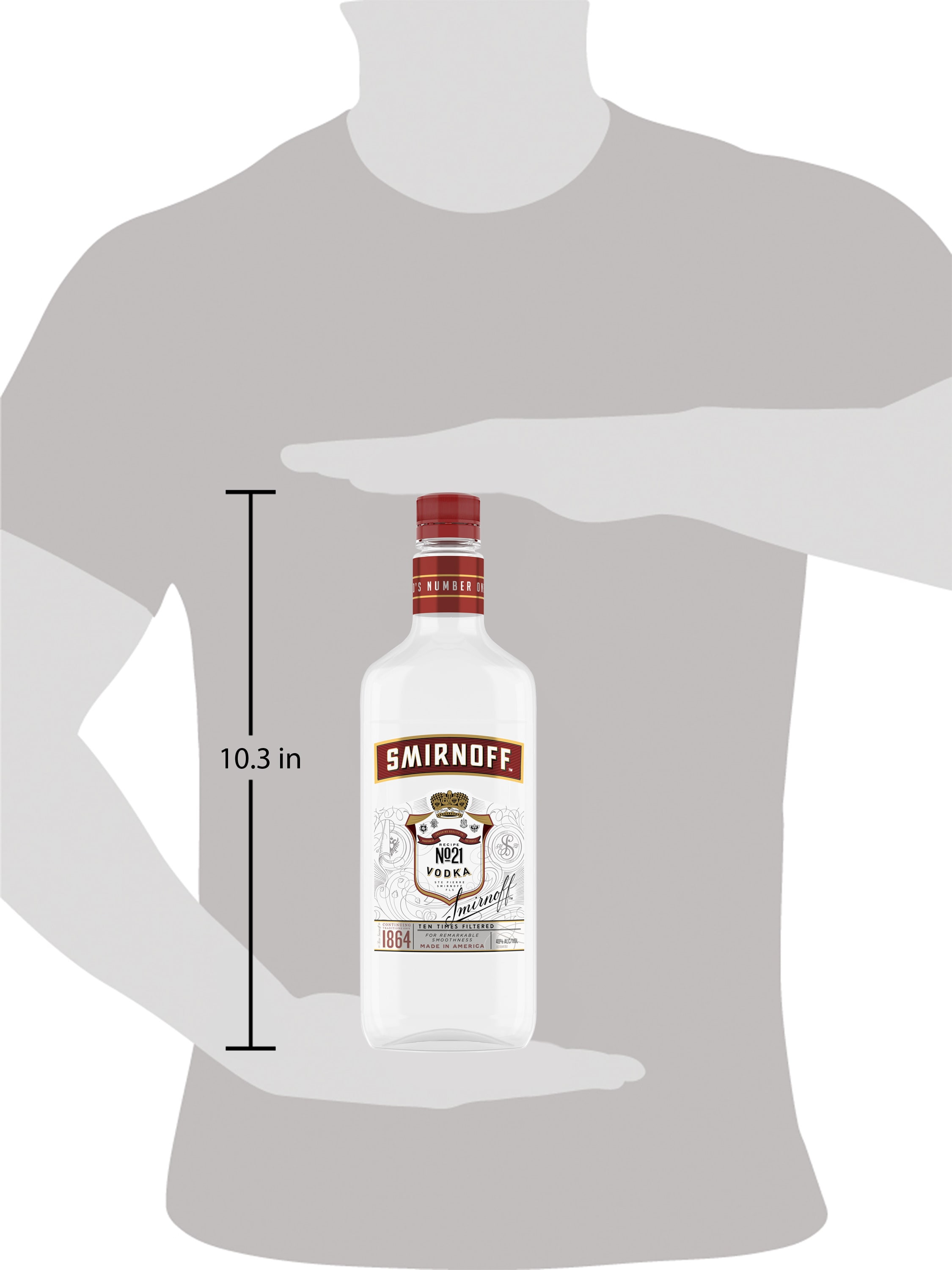 Holding the title of the Worldâ€™s No.1 Vodka, Smirnoff No. 21 offers a distinct dry finish, with unparalleled smoothness and clarity. Each bottle proudly carries Kosher certification, and the liquor is crafted without gluten. Triple distilled and 10 times filtered using Smirnoff's multiple column filtration method, this award-winning vodka stands out for its refined taste. Savor it neat or enjoy it as the backbone to your favorite cocktail. Includes one 750 mL plastic bottle of Smirnoff No. 21 80 Proof Vodka. Please enjoy responsibly., Clean, crisp and timeless. One 750 mL plastic bottle of Smirnoff No. 21 80 Proof Vodka, Gold Award Winner at the 2024 San Francisco World Spirits Competition, 80-proof â€” providing remarkable smoothness and clarity, Versatile and timeless. Perfect for all occasions and everyday celebrations, Inclusive for all thanks to Kosher certification and gluten-free properties, Enjoy with your favorite mixers, in your favorite martini or on the rocks, A clean and crisp profile that is accentuated with a smooth finish