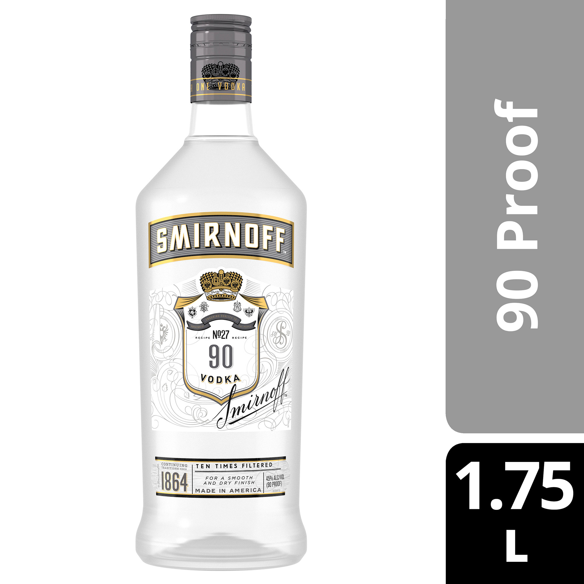 Whether you sip it on the rocks or mixed with soda and a twist, Smirnoff 90 Proof Vodka is ready for any cocktail party. Triple distilled and 10 times filtered, this gluten free vodka is Kosher Certified. Try it in a party punch during your next bash or get-together, or enjoy it straight up in vodka shots. Created to help you craft the perfect martini, this 90 proof vodka is dry, airy and crisp with an exceptionally smooth, dry finish. Serve this vodka mixed with dry vermouth and bitters, and drop in two whole green olives to whip up a classic vodka martini. Includes one 1.75 L bottle of Smirnoff 90 Proof Vodka. Please enjoy responsibly., One 1.75 L bottle of Smirnoff 90 Proof Vodka, Certified Kosher and gluten free, From the Makers of the World's No. 1 Vodka, Perfect as a gift or for any celebration