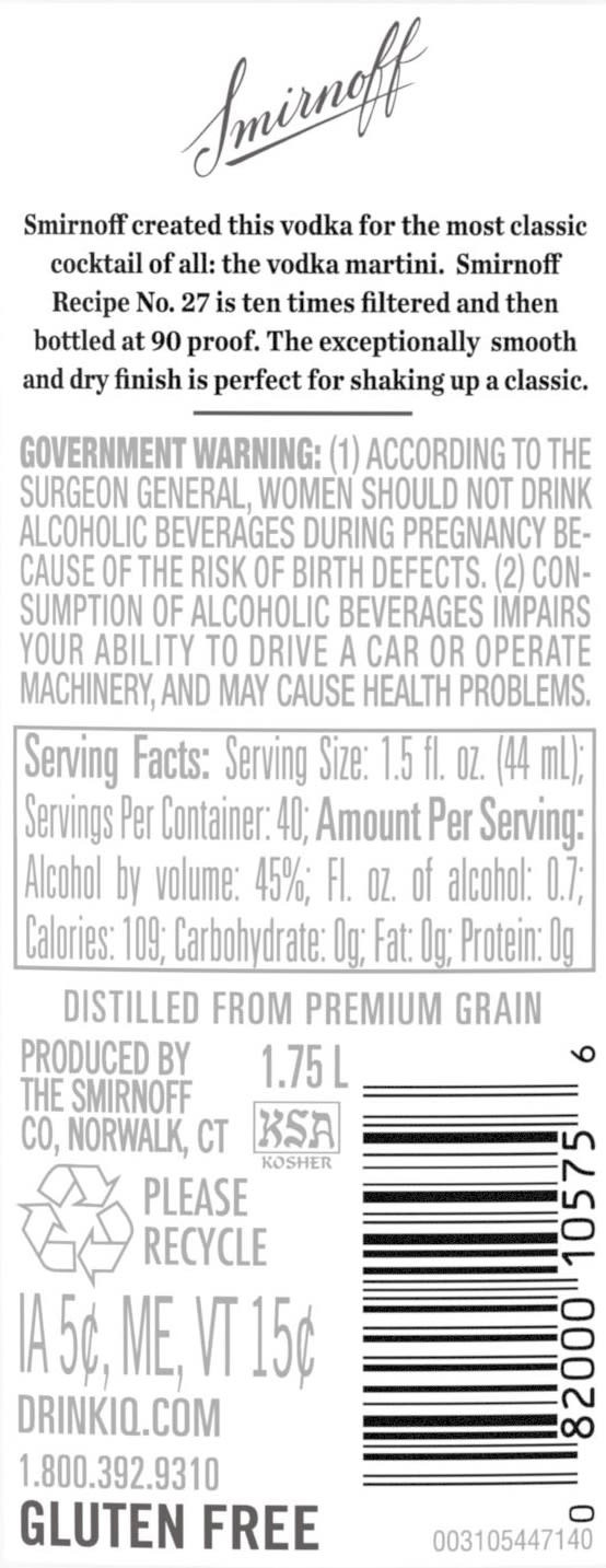 Whether you sip it on the rocks or mixed with soda and a twist, Smirnoff 90 Proof Vodka is ready for any cocktail party. Triple distilled and 10 times filtered, this gluten free vodka is Kosher Certified. Try it in a party punch during your next bash or get-together, or enjoy it straight up in vodka shots. Created to help you craft the perfect martini, this 90 proof vodka is dry, airy and crisp with an exceptionally smooth, dry finish. Serve this vodka mixed with dry vermouth and bitters, and drop in two whole green olives to whip up a classic vodka martini. Includes one 1.75 L bottle of Smirnoff 90 Proof Vodka. Please enjoy responsibly., One 1.75 L bottle of Smirnoff 90 Proof Vodka, Certified Kosher and gluten free, From the Makers of the World's No. 1 Vodka, Perfect as a gift or for any celebration