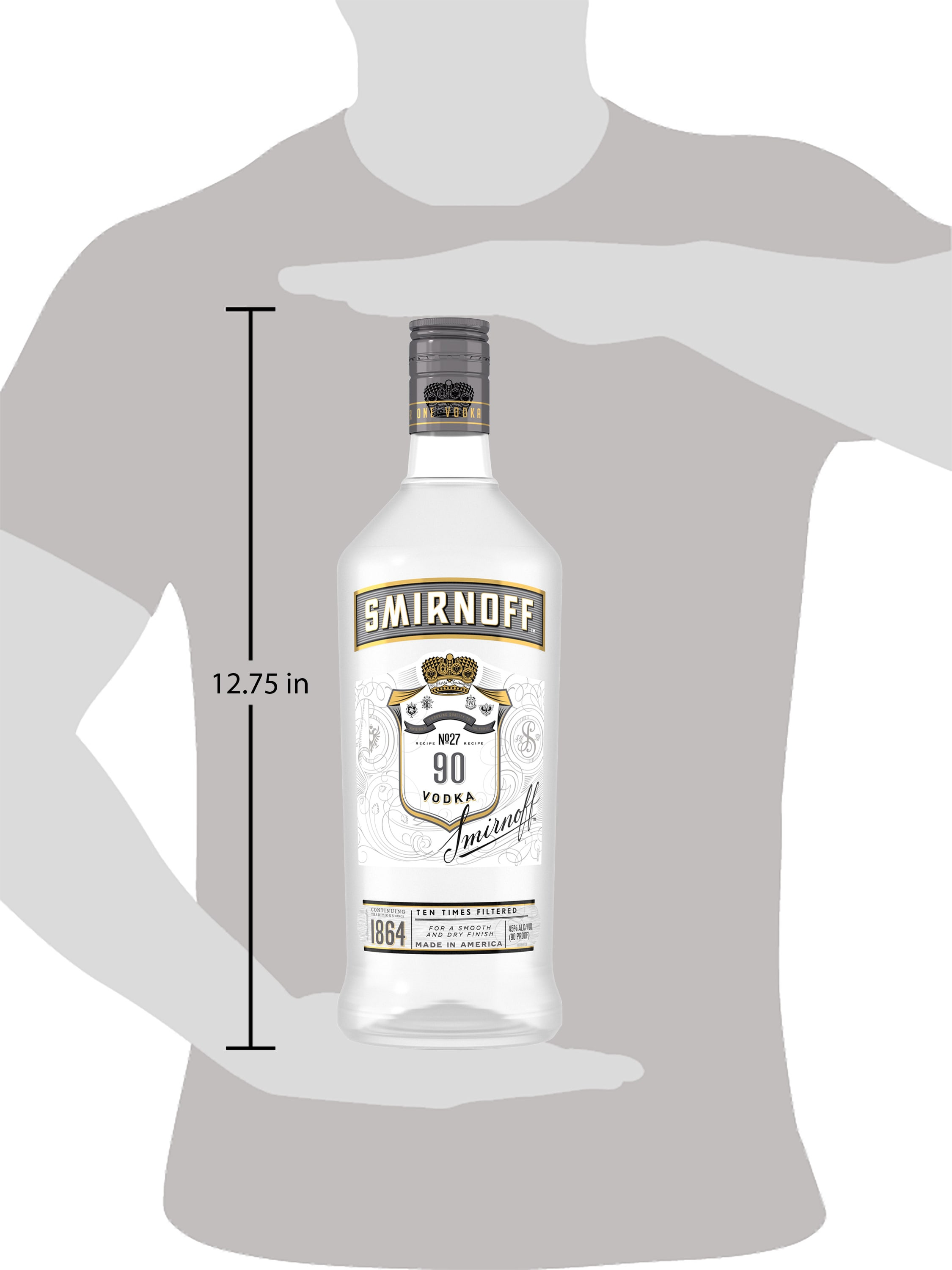 Whether you sip it on the rocks or mixed with soda and a twist, Smirnoff 90 Proof Vodka is ready for any cocktail party. Triple distilled and 10 times filtered, this gluten free vodka is Kosher Certified. Try it in a party punch during your next bash or get-together, or enjoy it straight up in vodka shots. Created to help you craft the perfect martini, this 90 proof vodka is dry, airy and crisp with an exceptionally smooth, dry finish. Serve this vodka mixed with dry vermouth and bitters, and drop in two whole green olives to whip up a classic vodka martini. Includes one 1.75 L bottle of Smirnoff 90 Proof Vodka. Please enjoy responsibly., One 1.75 L bottle of Smirnoff 90 Proof Vodka, Certified Kosher and gluten free, From the Makers of the World's No. 1 Vodka, Perfect as a gift or for any celebration