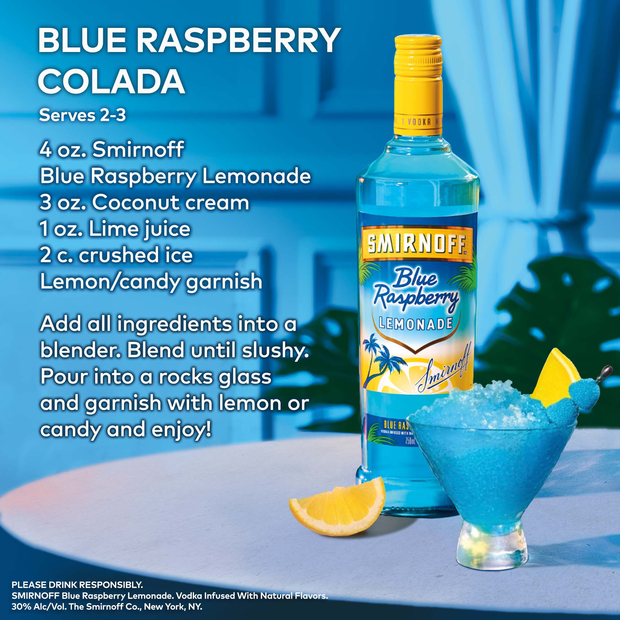 Indulge in nostalgia with Smirnoff Blue Raspberry Lemonade. It offers a bright blue raspberry aroma mixed with nostalgic cotton candy and zesty lemonade. The flavors of sweet blue raspberry are balanced by a slightly tart, zesty lemonade with a lingering blue raspberry finish. Best enjoyed with club soda and ice or as a shot to celebrate a hot summer night. Includes one 60 proof 750 mL bottle of Smirnoff Blue Raspberry Lemonade. Please drink responsibly., Includes one 750 mL bottle of Smirnoff Blue Raspberry Lemonade, 60 Proof, Perfect as a gift or for any celebration, From the Makers of the World's No. 1 Vodka, A smooth, light lingering blue berry sweet finish