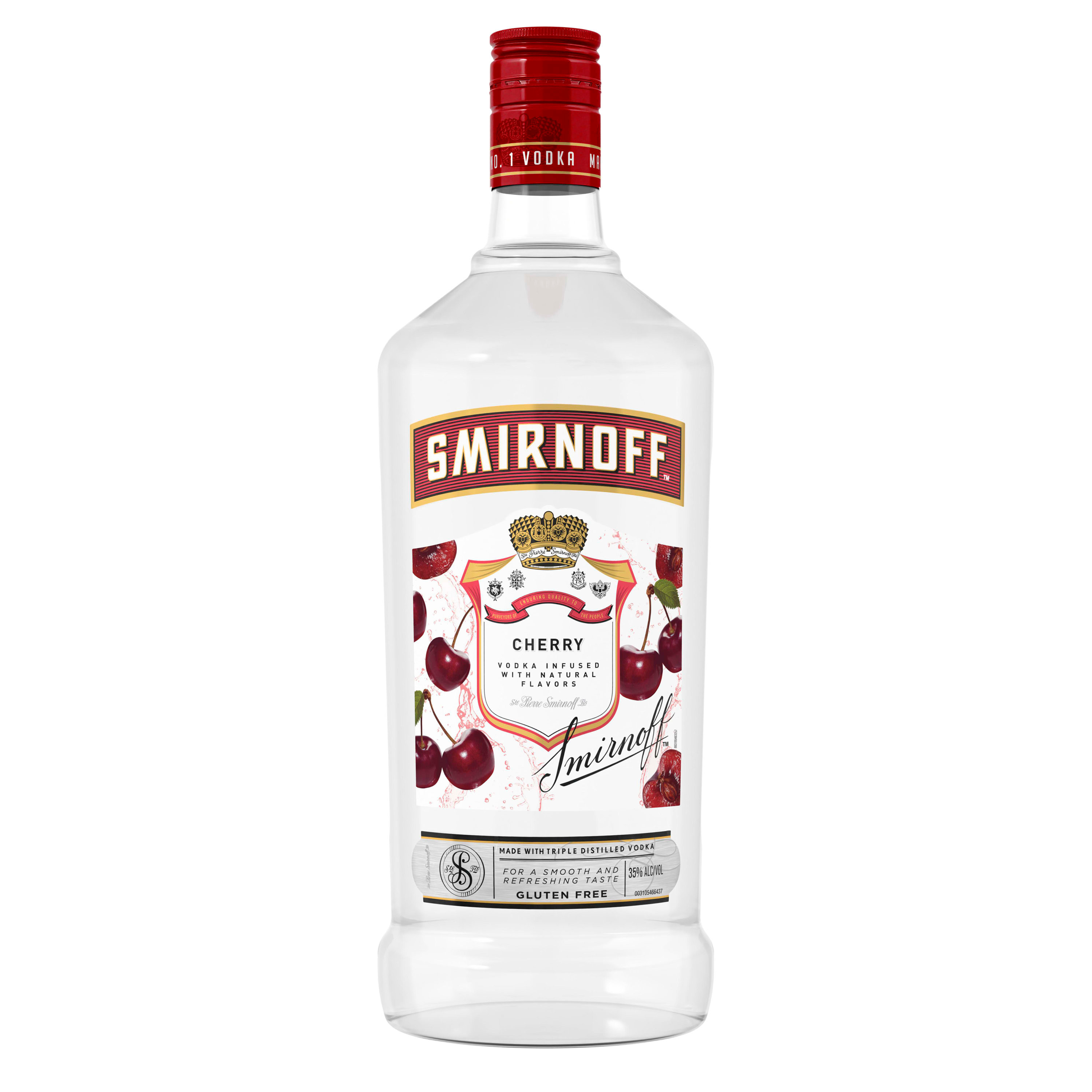 Infused with natural cherry flavor for a bold, tangy taste, Smirnoff Cherry is perfect for your next party, adding a sweet and juicy kick to your mixed drinks. This 70 proof spirit is smooth enough to enjoy on the rocks or in a round of shots. For your next party or get-together, use this gluten free and Kosher Certified spirit to add a cherry twist to your mixed drink recipes. Simply mix with spiced rum and cola, and pour it over ice for a delicious and refreshing-tasting Red Beard cocktail. Smirnoff Cherryâ€™s tasty fruit-infused flavor allows for endless unique drink ideas. Includes one 70 proof 1.75 L bottle of Smirnoff Cherry. Please enjoy responsibly., One 1.75 L bottle of Smirnoff Cherry, 70 Proof, Certified Kosher and gluten free, From the Makers of the World's No. 1 Vodka, Perfect for drinking on its own or in a mixed drink