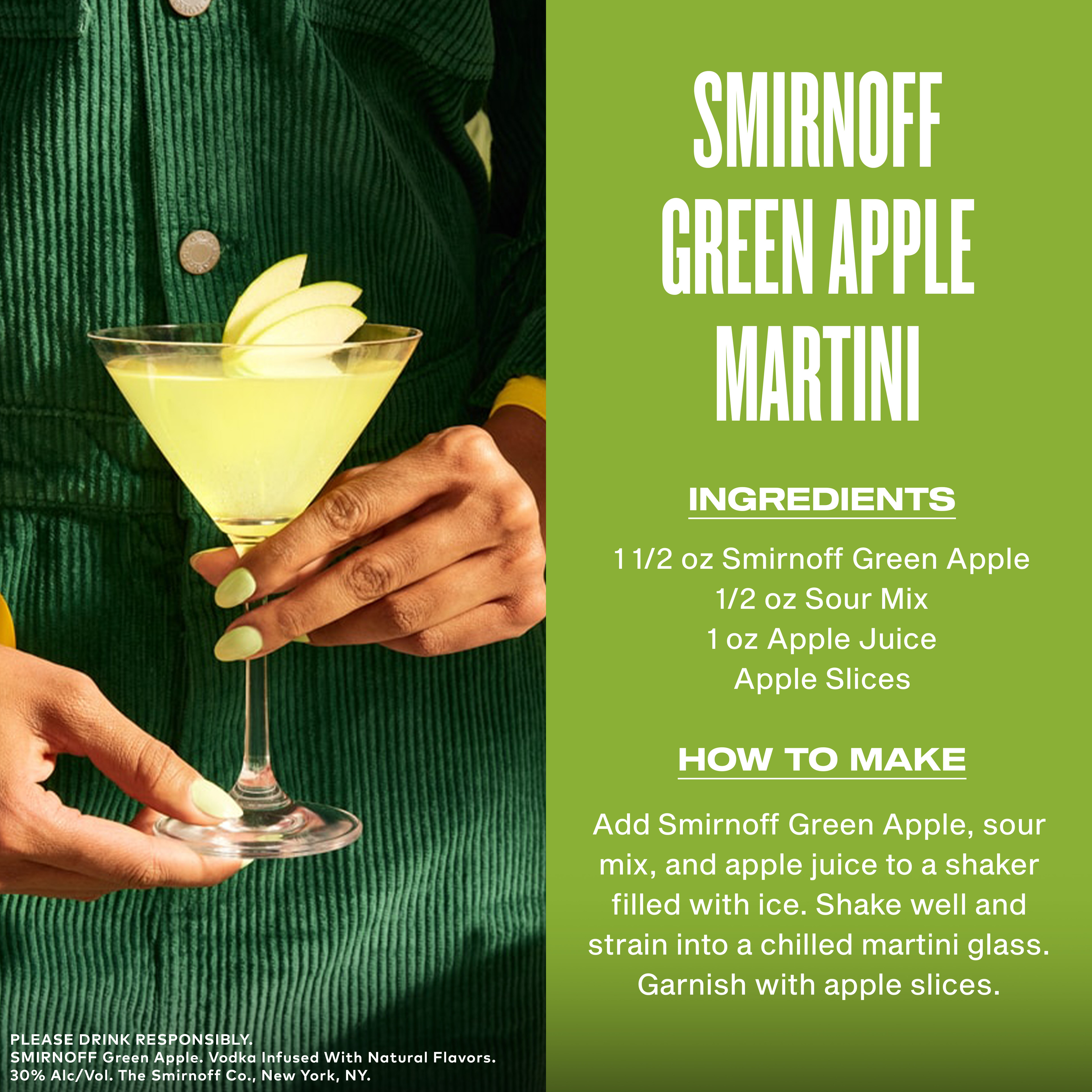 Infused with the tart but sweet flavor of green apples, Smirnoff Green Apple is perfect for your next cocktail party. This 70 proof spirit is smooth enough to drink on the rocks or in a round of shots. Simply mix with lemon juice, simple syrup, and a muddled basil sprig, and top with soda for a tangy Basil Apple cocktail. Smirnoff Green Apple also pairs well with soda water, lemonade, or pineapple juice for fruity, delicious mixed drink options. Smirnoff Green Appleâ€™s tasty fruit-infused flavors allow for endless unique drink ideas. Includes one 70 proof 1.75 L bottle of Smirnoff Green Apple. Please enjoy responsibly., One 1.75 L bottle of Smirnoff Green Apple, 70 Proof, Certified Kosher and gluten free, Perfect as a gift or for any celebration, Perfect for drinking on its own or in mixed beverages with a sweet and sour kick, Awarded a double gold medal at the 2019 SIP Awards