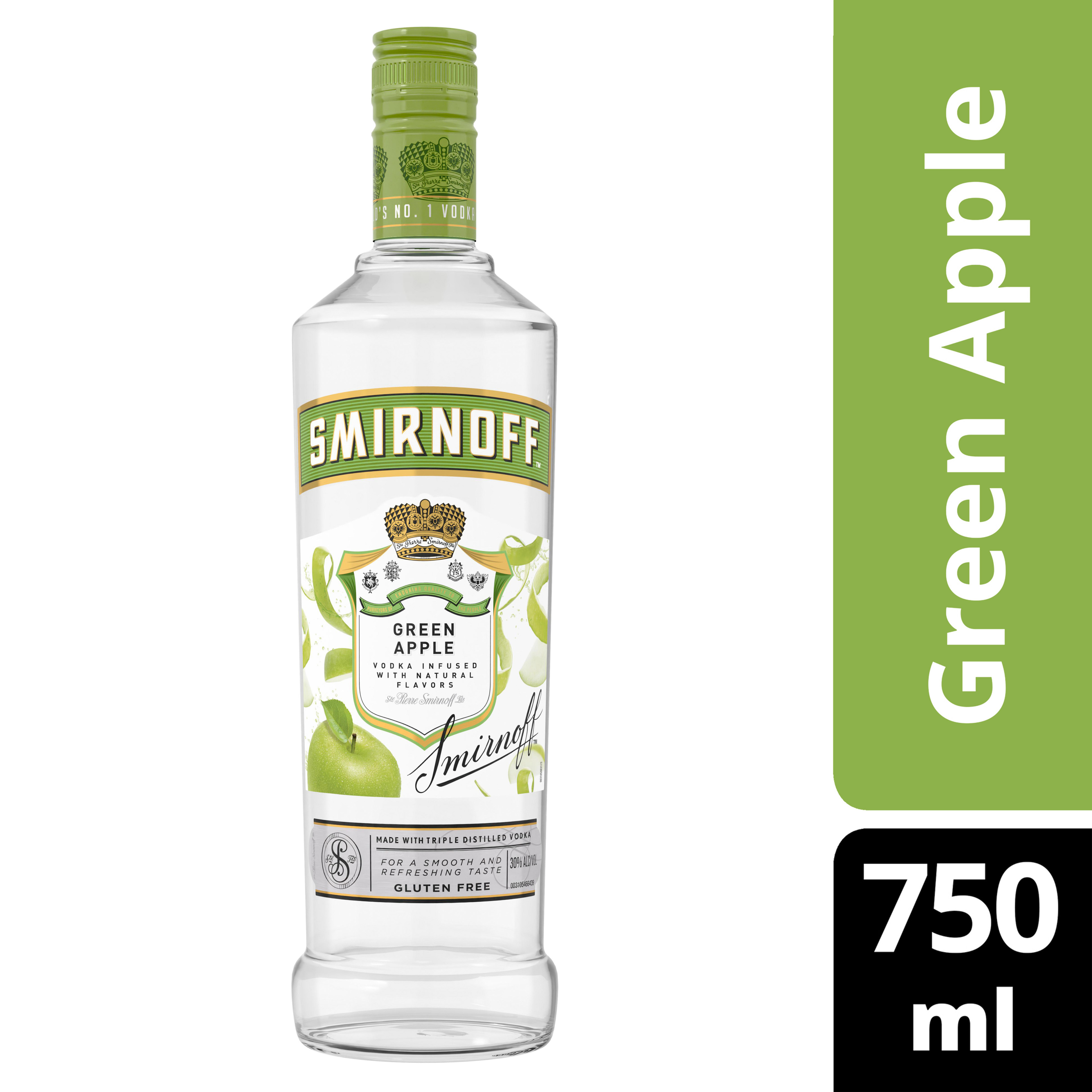 Infused with the naturally tart yet sweet flavor of green apples, Smirnoff Green Apple is a refreshing-tasting drink perfect for shots or cocktails. Its crisp yet smooth taste pairs well with soda water, lemonade, or pineapple juice. For a tangy twist, mix with lemon juice, simple syrup, and a muddled basil sprig, then top with soda for a delightful Smirnoff Basil Apple cocktail. Smirnoff Green Apple's versatility makes it an excellent gift option and a treat for creating a variety of delicious cocktails. Includes one 60 proof 750 mL bottle of Smirnoff Green Apple. Please enjoy responsibly., One 750 mL glass bottle of Smirnoff Green Apple, 60â€“proof with a refreshing and crisp taste, Ideal for gifting and celebrations on a sunny day, Certified Kosher and gluten-free, Enjoy on the rocks or mix with your favourite beverages for a sweet and sour kick, From the Makers of the Worldâ€™s No. 1 Vodka, Fresh, vibrant, and crisp taste, infused with the tartness of green apple flavor in every pour