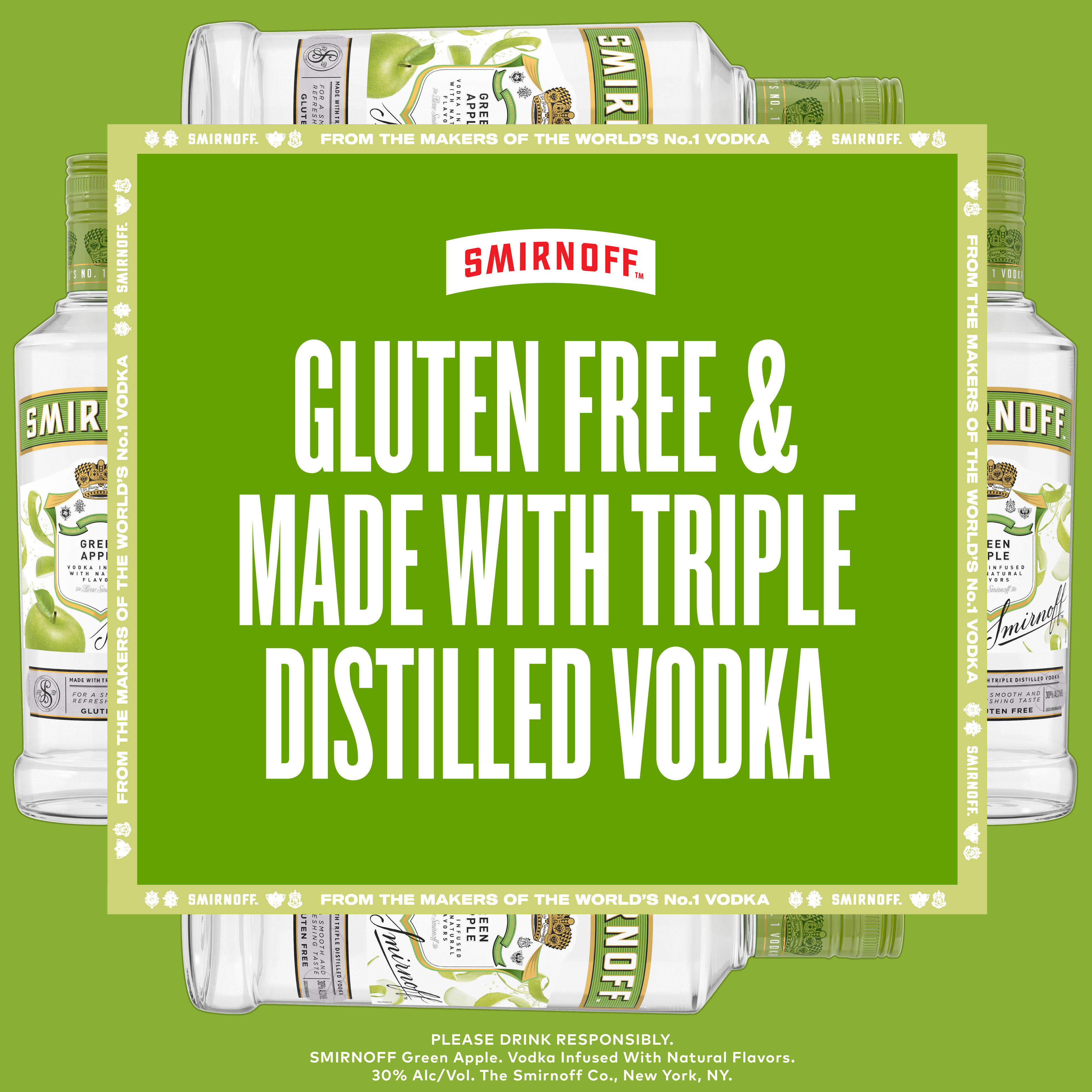 Infused with the naturally tart yet sweet flavor of green apples, Smirnoff Green Apple is a refreshing-tasting drink perfect for shots or cocktails. Its crisp yet smooth taste pairs well with soda water, lemonade, or pineapple juice. For a tangy twist, mix with lemon juice, simple syrup, and a muddled basil sprig, then top with soda for a delightful Smirnoff Basil Apple cocktail. Smirnoff Green Apple's versatility makes it an excellent gift option and a treat for creating a variety of delicious cocktails. Includes one 60 proof 750 mL bottle of Smirnoff Green Apple. Please enjoy responsibly., One 750 mL glass bottle of Smirnoff Green Apple, 60â€“proof with a refreshing and crisp taste, Ideal for gifting and celebrations on a sunny day, Certified Kosher and gluten-free, Enjoy on the rocks or mix with your favourite beverages for a sweet and sour kick, From the Makers of the Worldâ€™s No. 1 Vodka, Fresh, vibrant, and crisp taste, infused with the tartness of green apple flavor in every pour